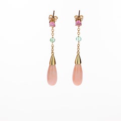 Intini Jewels 18 Karat Gold Coral Teardrop Tourmaline Drop Dangle Long Earrings