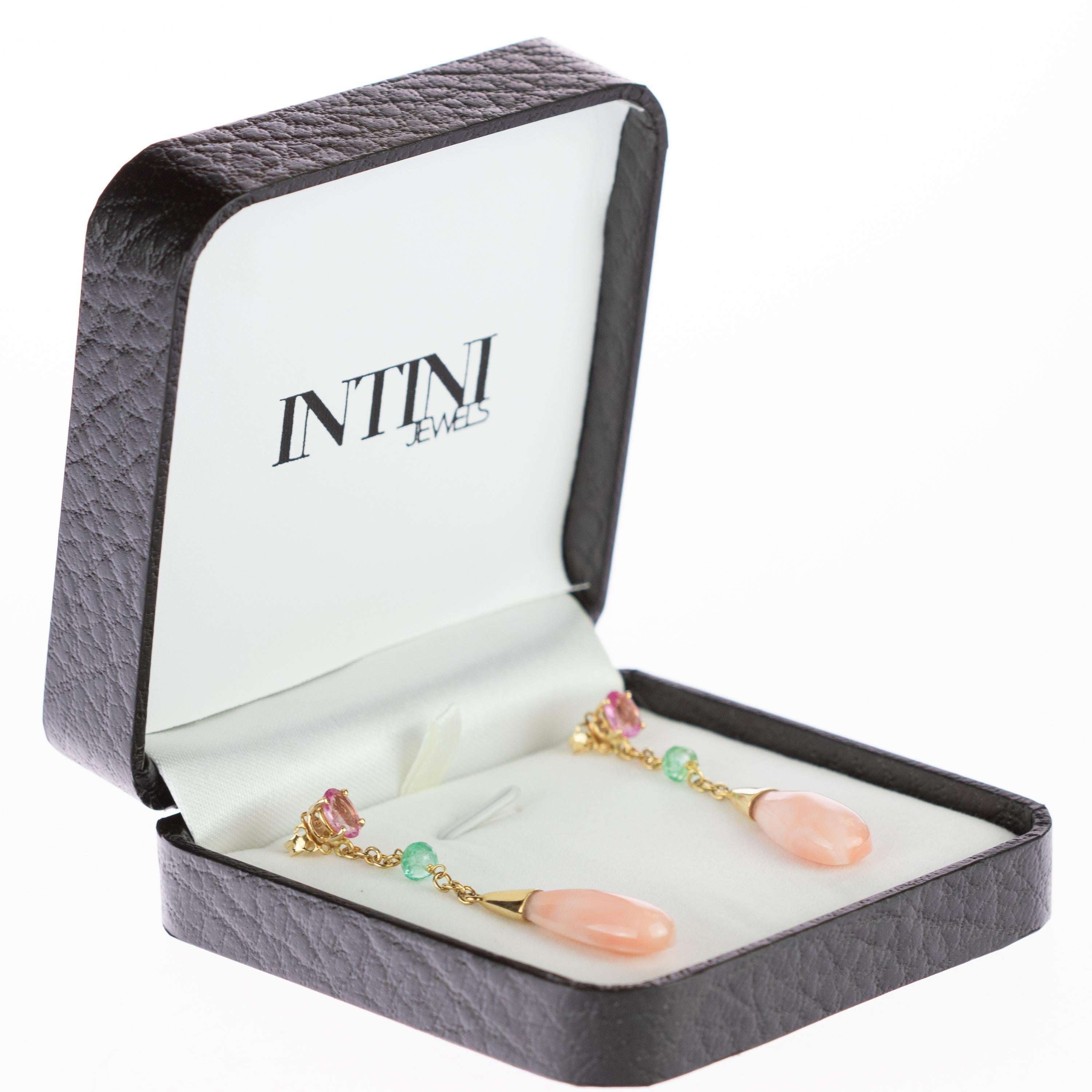 Intini Jewels 18 Karat Gold Koralle Tropfen Turmalin Tropfen-Ohrringe für lange Ohrringe (Art nouveau) im Angebot