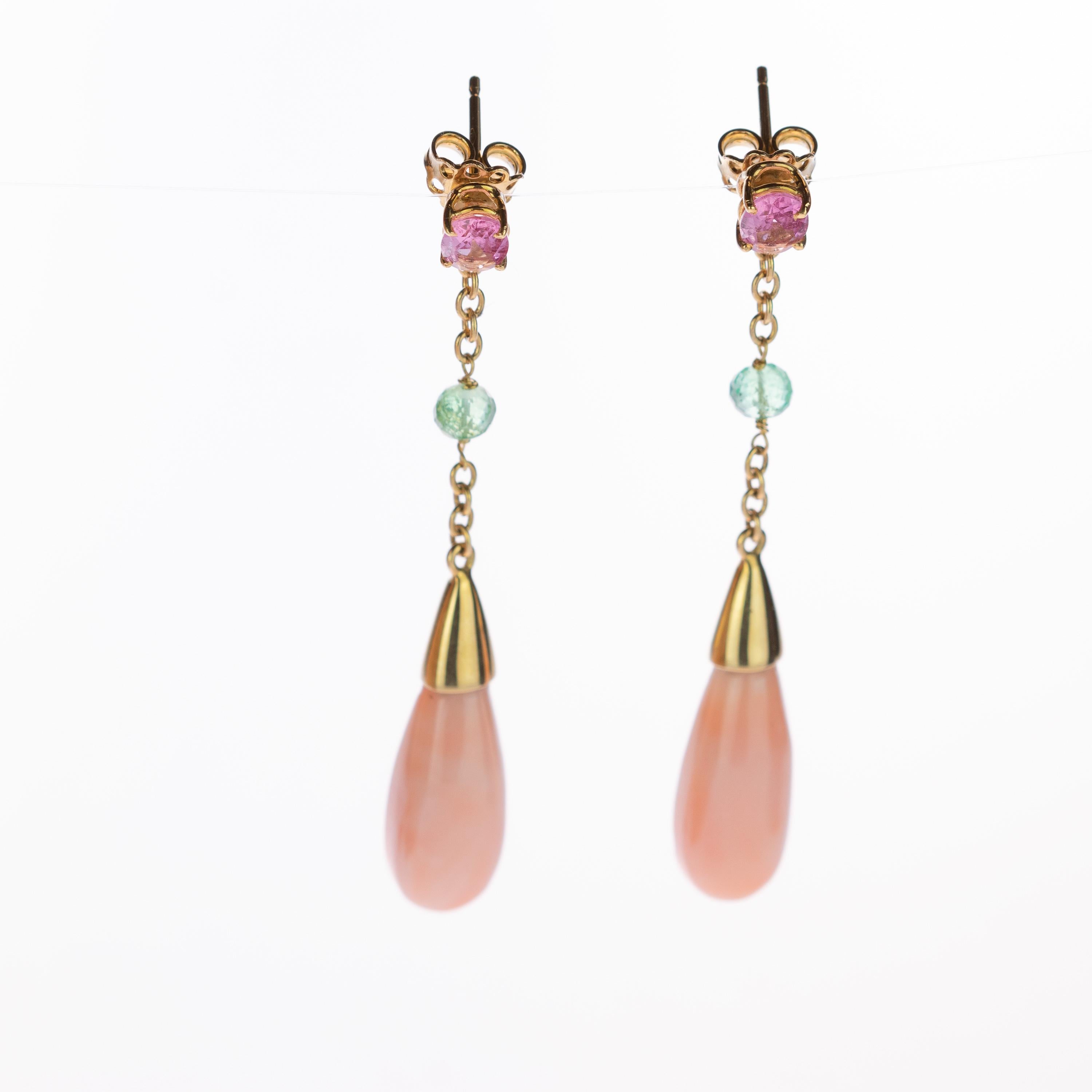 Intini Jewels 18 Karat Gold Koralle Tropfen Turmalin Tropfen-Ohrringe für lange Ohrringe (Gemischter Schliff) im Angebot