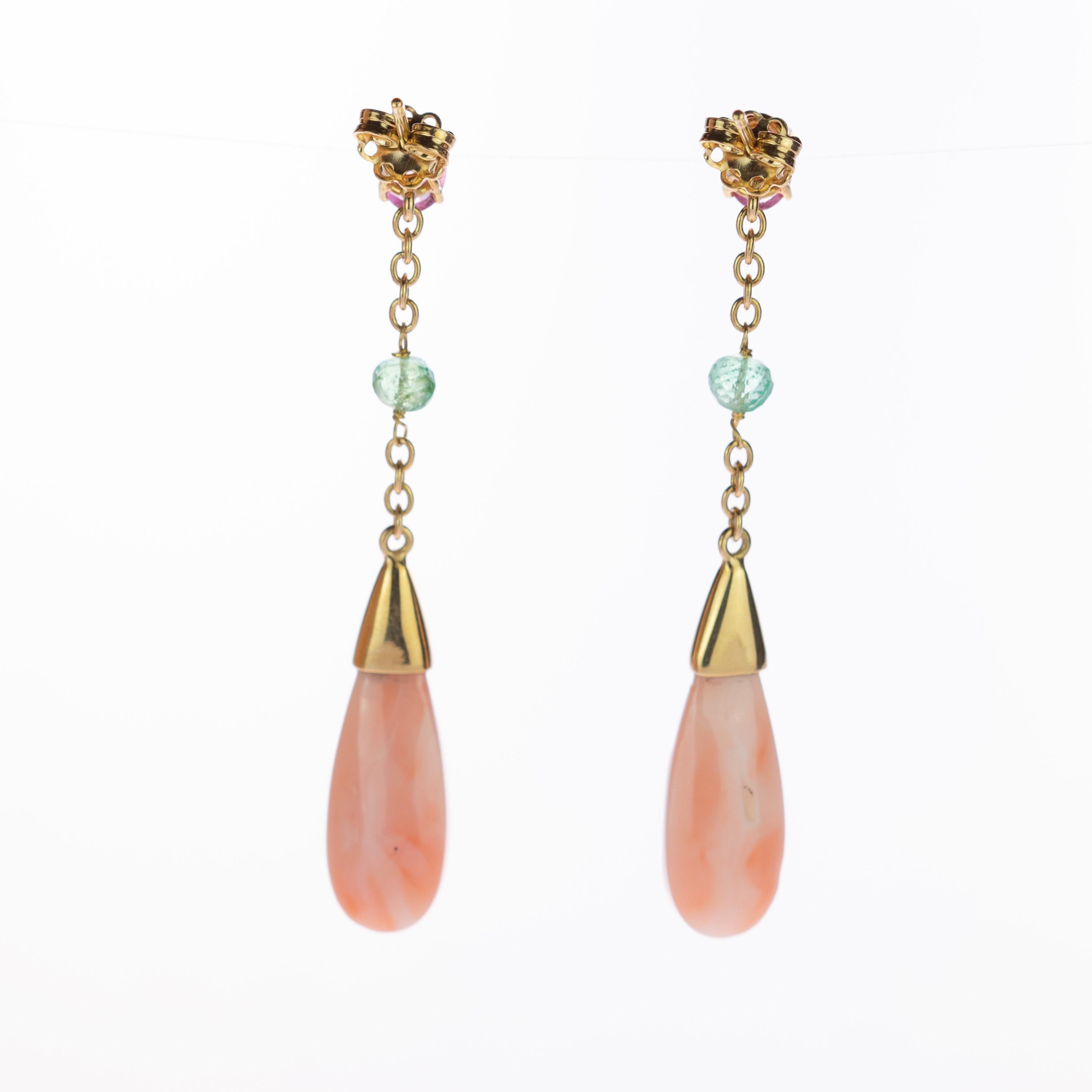 Intini Jewels 18 Karat Gold Koralle Tropfen Turmalin Tropfen-Ohrringe für lange Ohrringe Damen im Angebot