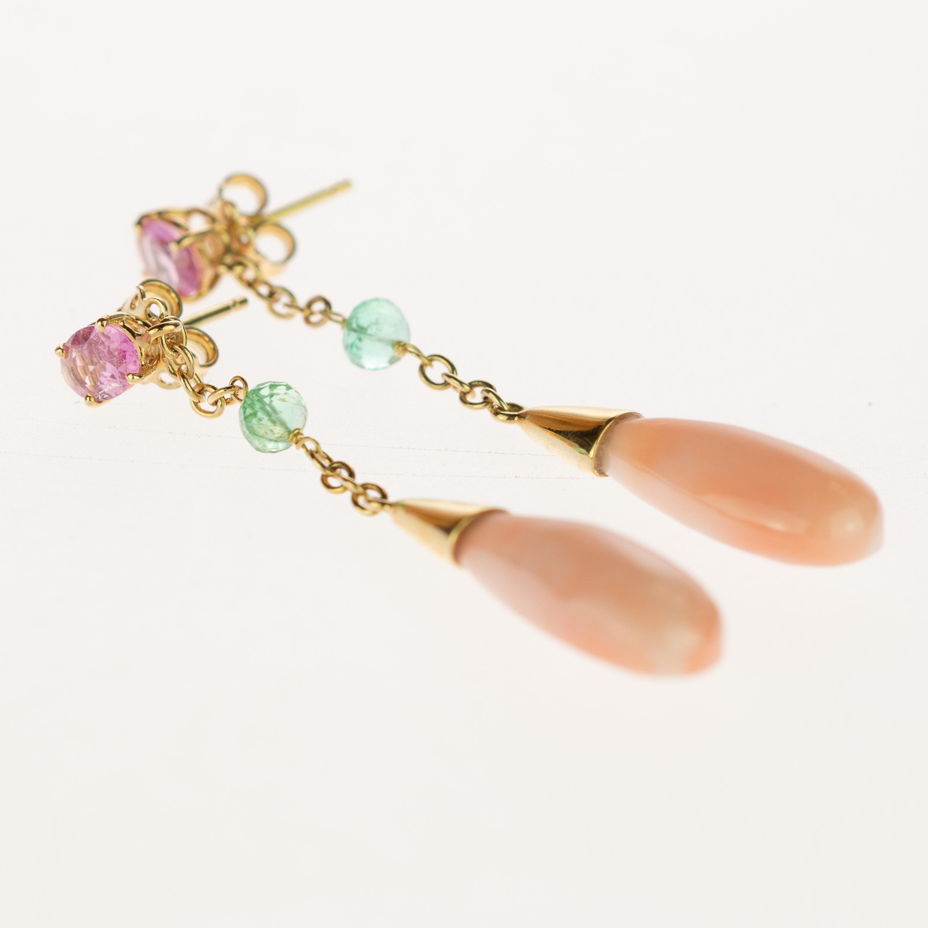 Intini Jewels 18 Karat Gold Koralle Tropfen Turmalin Tropfen-Ohrringe für lange Ohrringe im Angebot 1