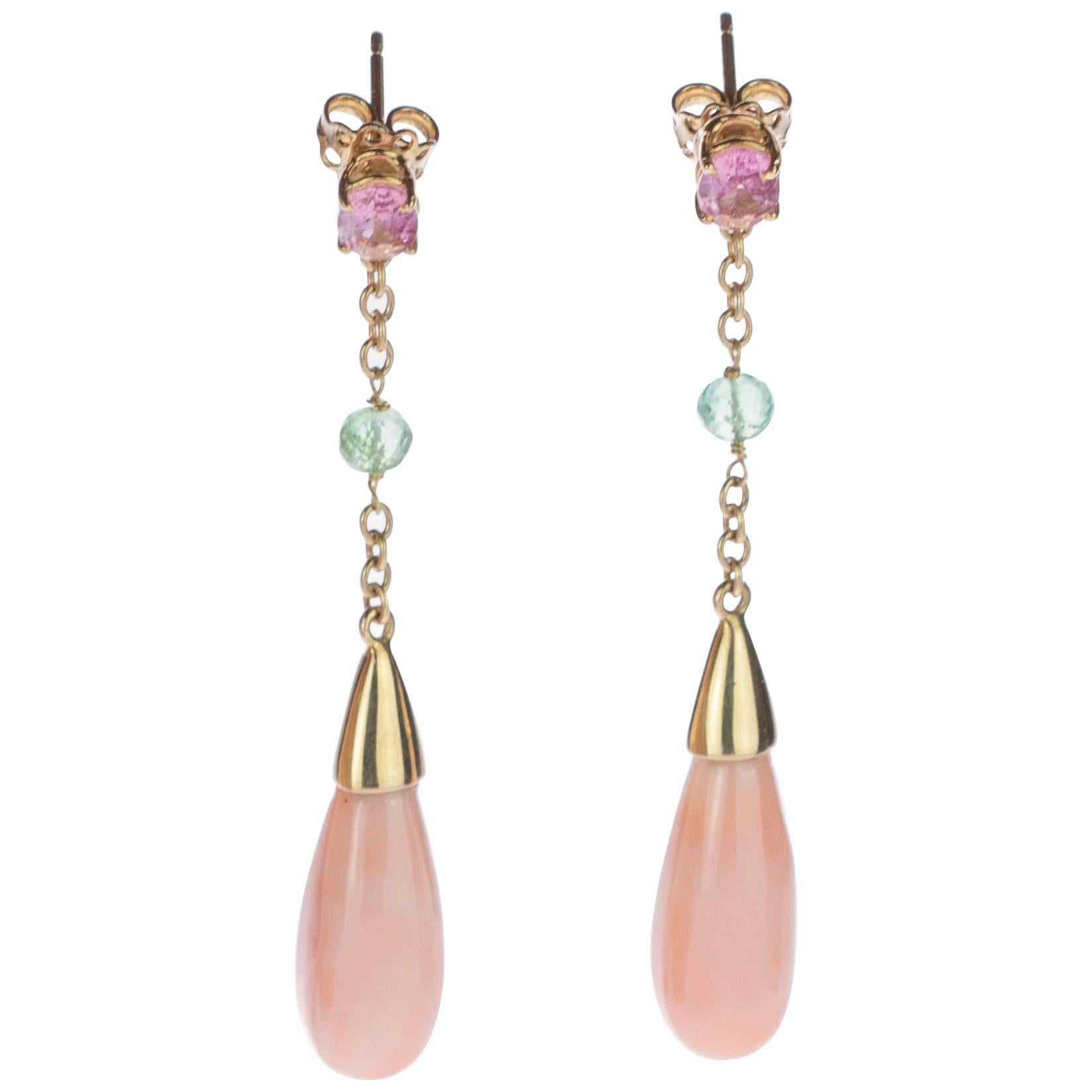 Pendants d
oreilles longs Intini Jewels en or 18 carats, corail, tourmaline en forme de goutte d
eau et tourmaline