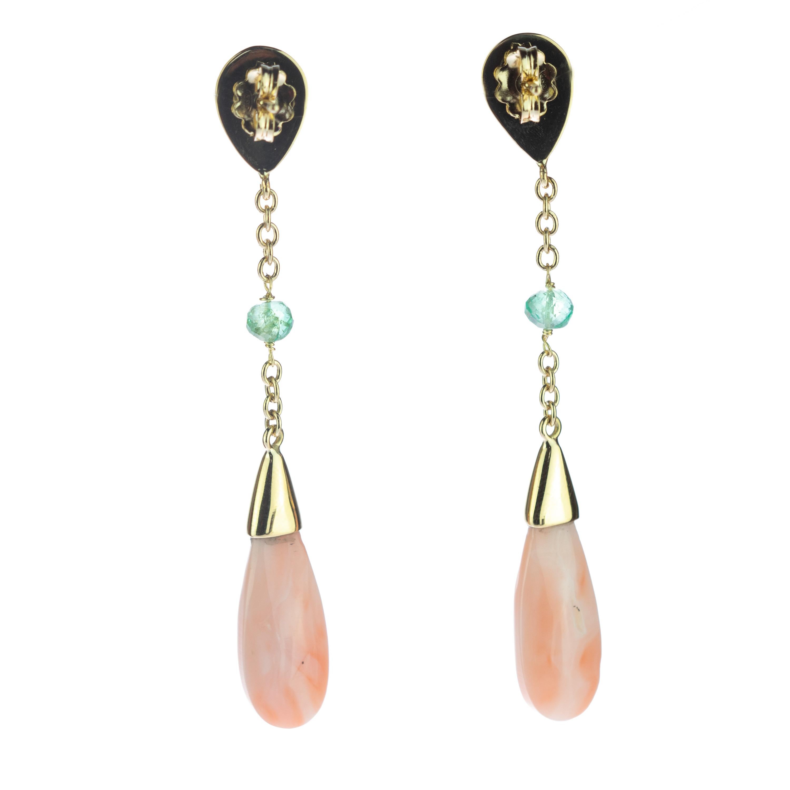 Intini Jewels 18 Karat Gold Coral Tourmaline Emerald Drop Chain Dangle Earrings For Sale 4