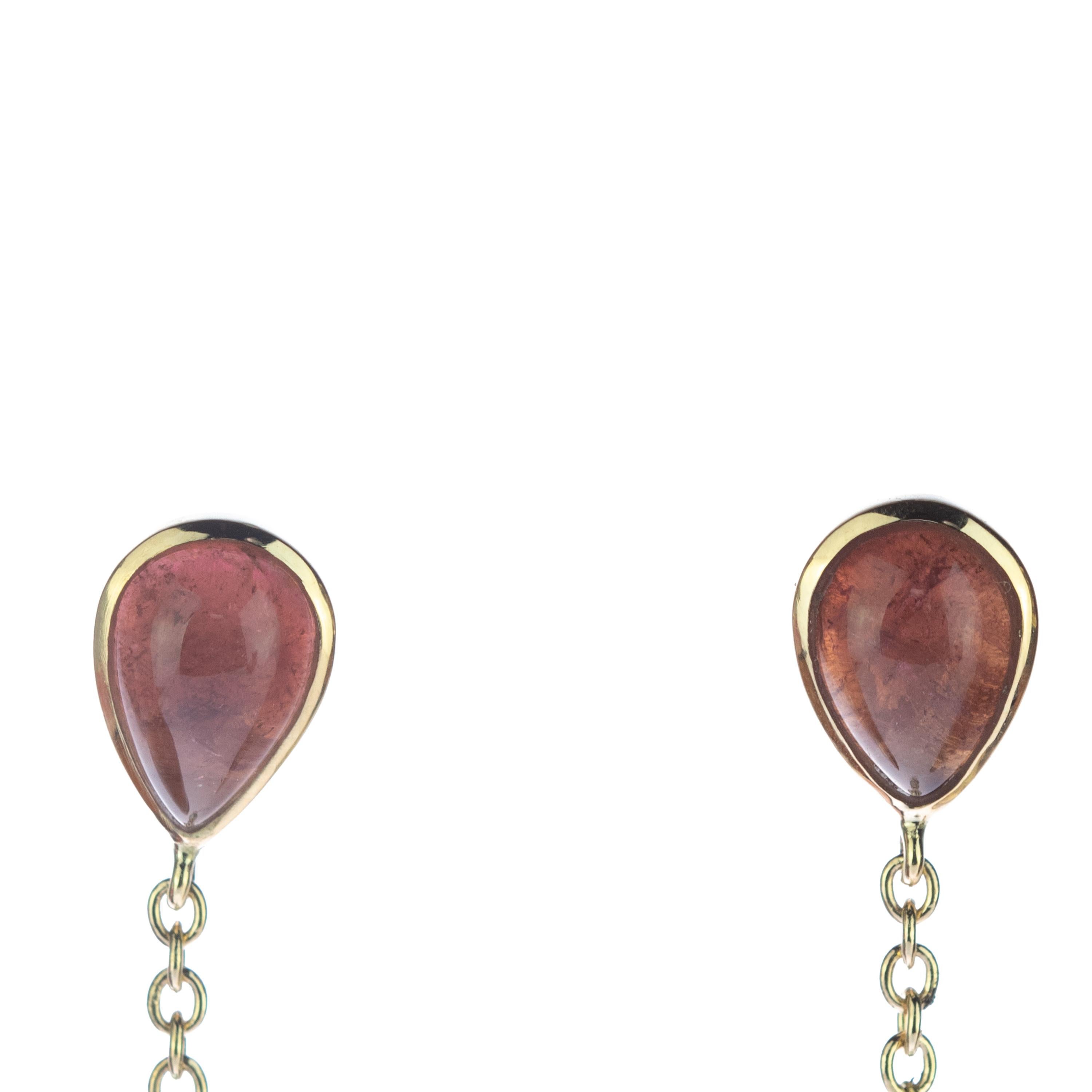 Art Nouveau Intini Jewels 18 Karat Gold Coral Tourmaline Emerald Drop Chain Dangle Earrings For Sale