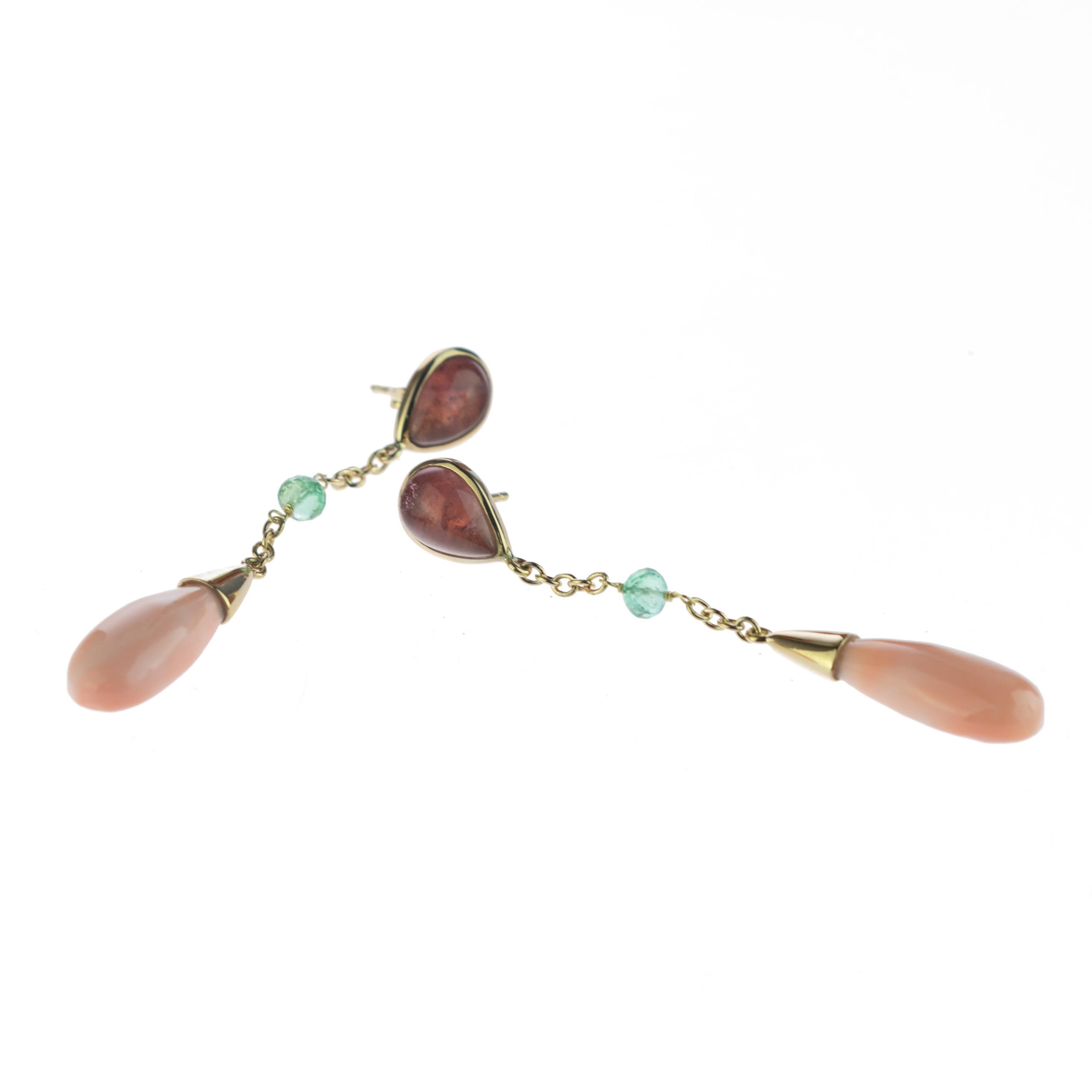 Intini Jewels Pendientes Colgantes de Oro de 18 Kilates con Cadena de Coral Turmalina Esmeralda en venta 2