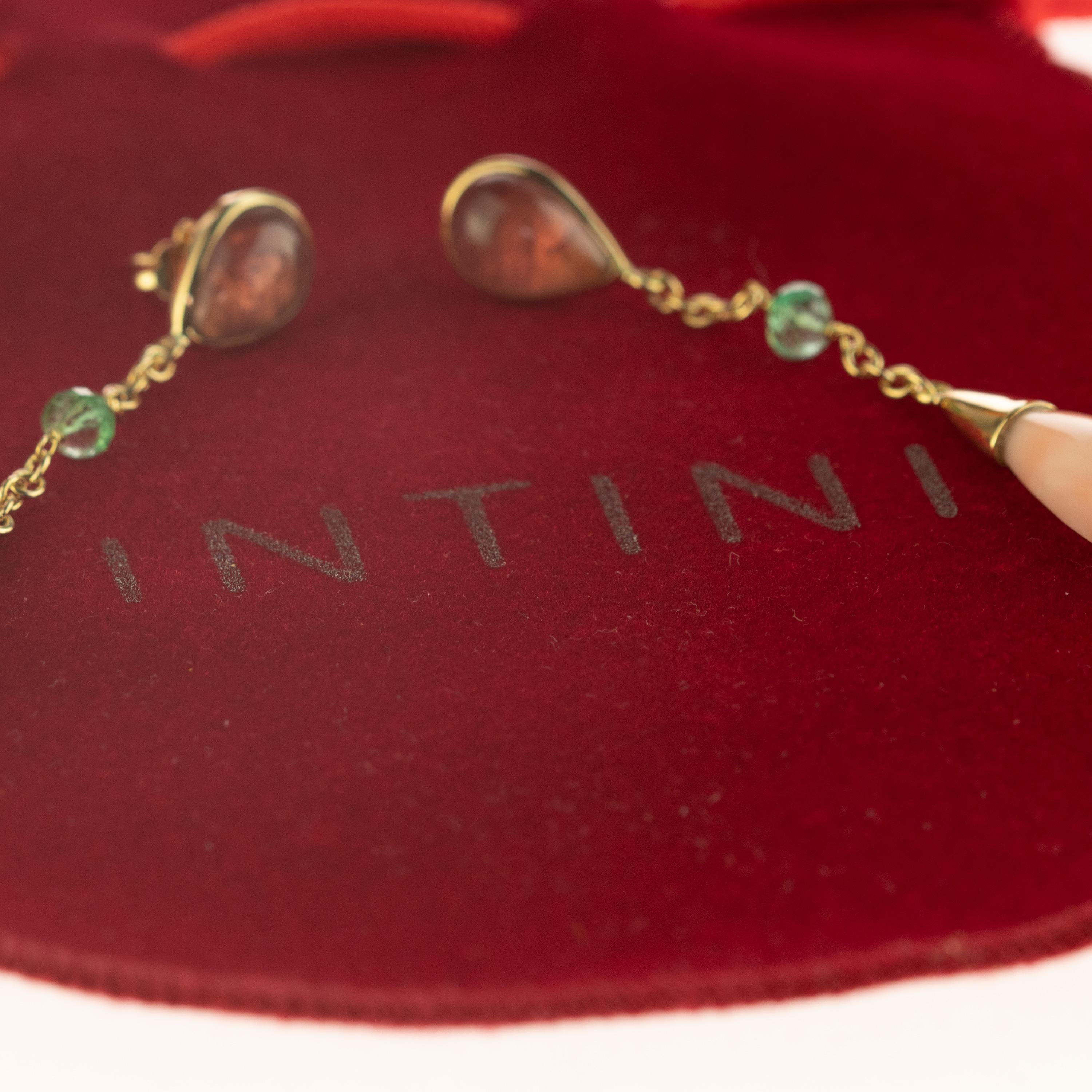 Intini Jewels 18 Karat Gold Coral Tourmaline Emerald Drop Chain Dangle Earrings For Sale 2