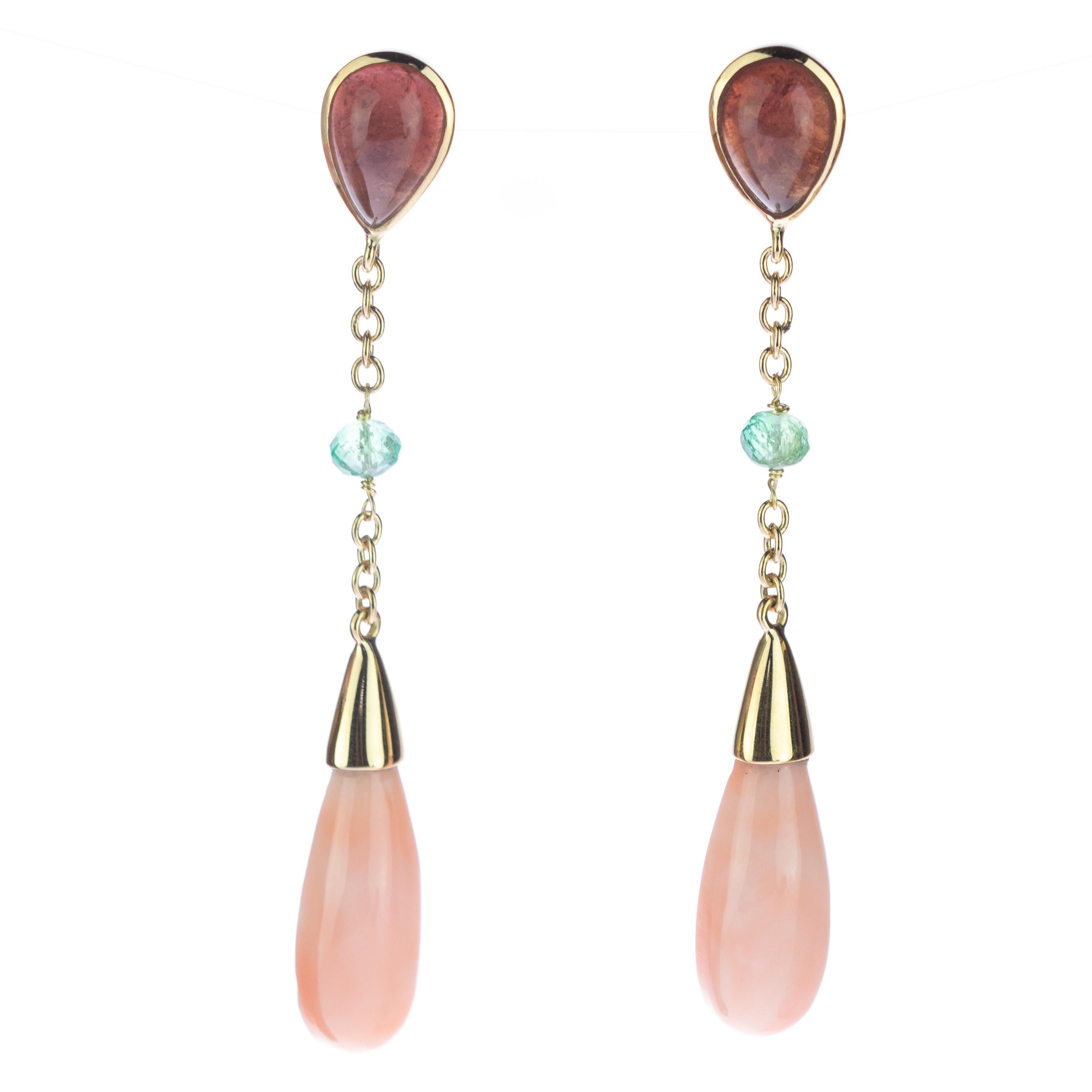 Intini Jewels 18 Karat Gold Coral Tourmaline Emerald Drop Chain Dangle Earrings For Sale 3