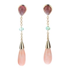 Intini Jewels 18 Karat Gold Coral Tourmaline Emerald Drop Chain Dangle Earrings