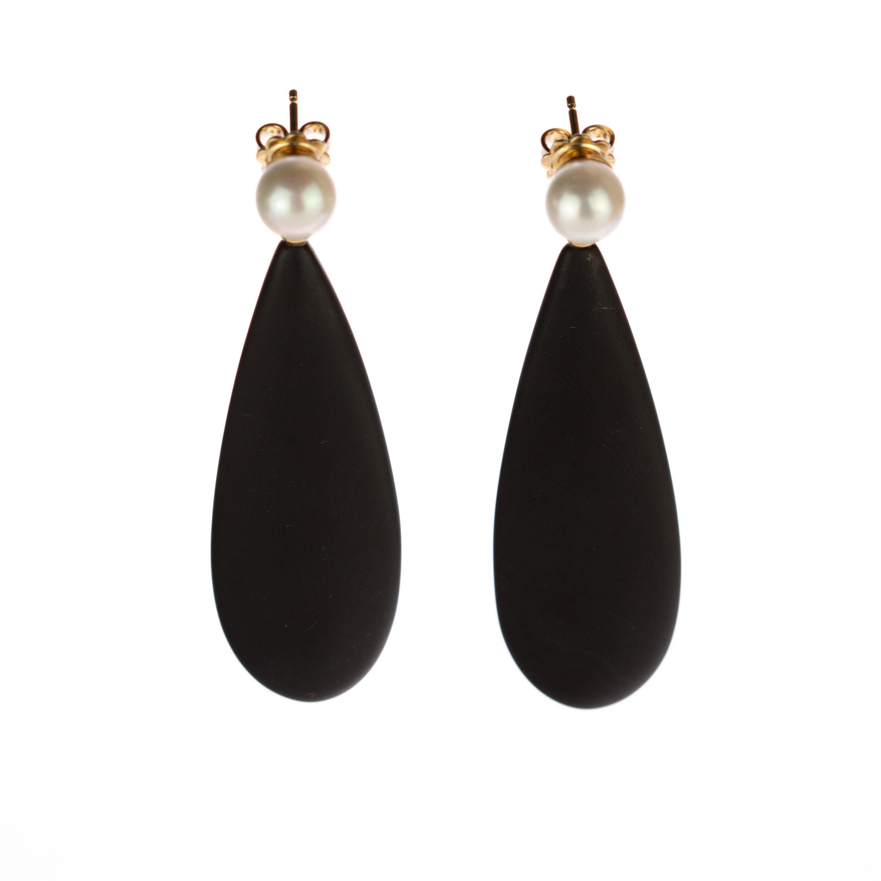 Intini Jewels 18 Karat Gold Flat Pear Black Agate Crafted Drop Vintage Earrings In New Condition For Sale In Milano, IT