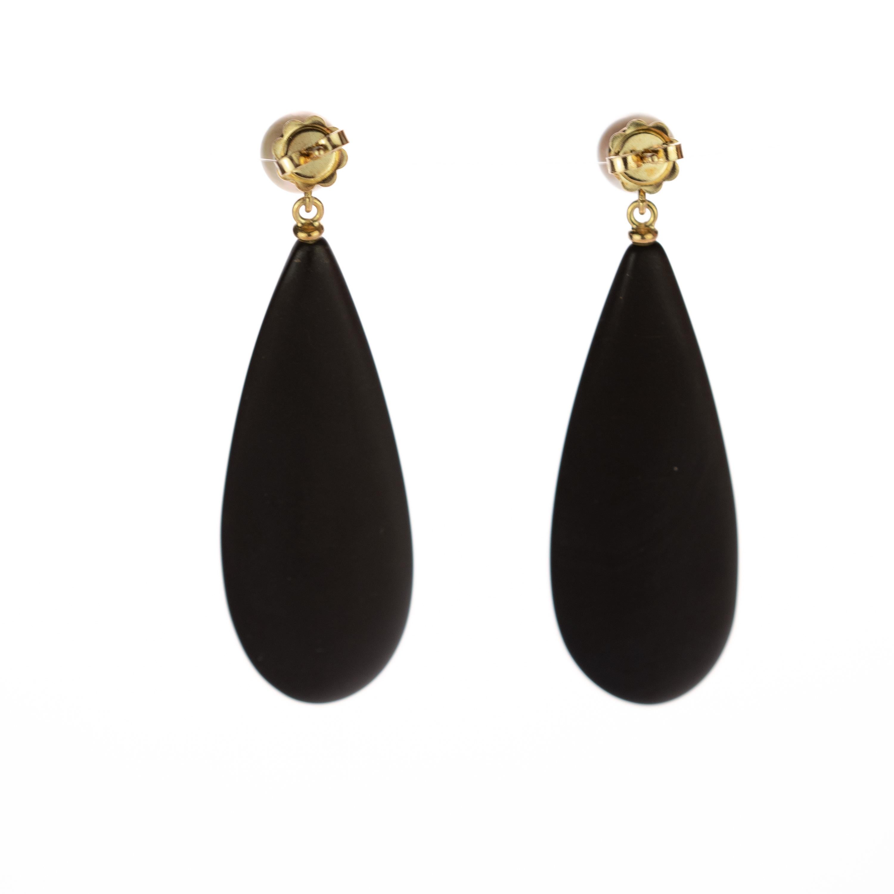 Women's Intini Jewels 18 Karat Gold Flat Pear Black Agate Crafted Drop Vintage Earrings For Sale