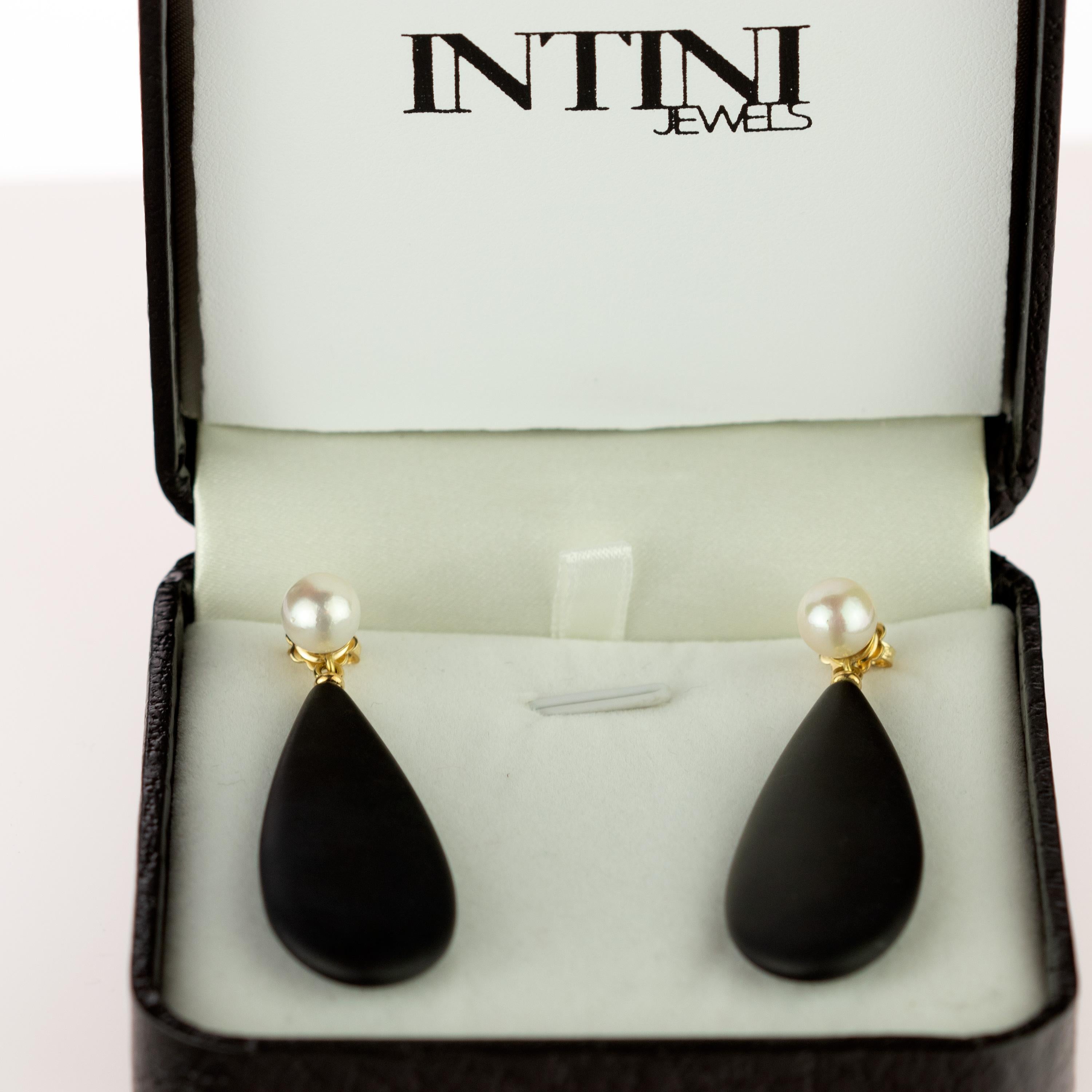 Intini Jewels 18 Karat Gold Flat Pear Black Agate Crafted Drop Vintage Earrings For Sale 2