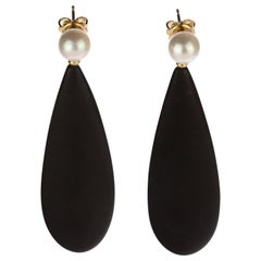 Intini Jewels 18 Karat Gold Flat Pear Black Agate Crafted Drop Vintage Earrings