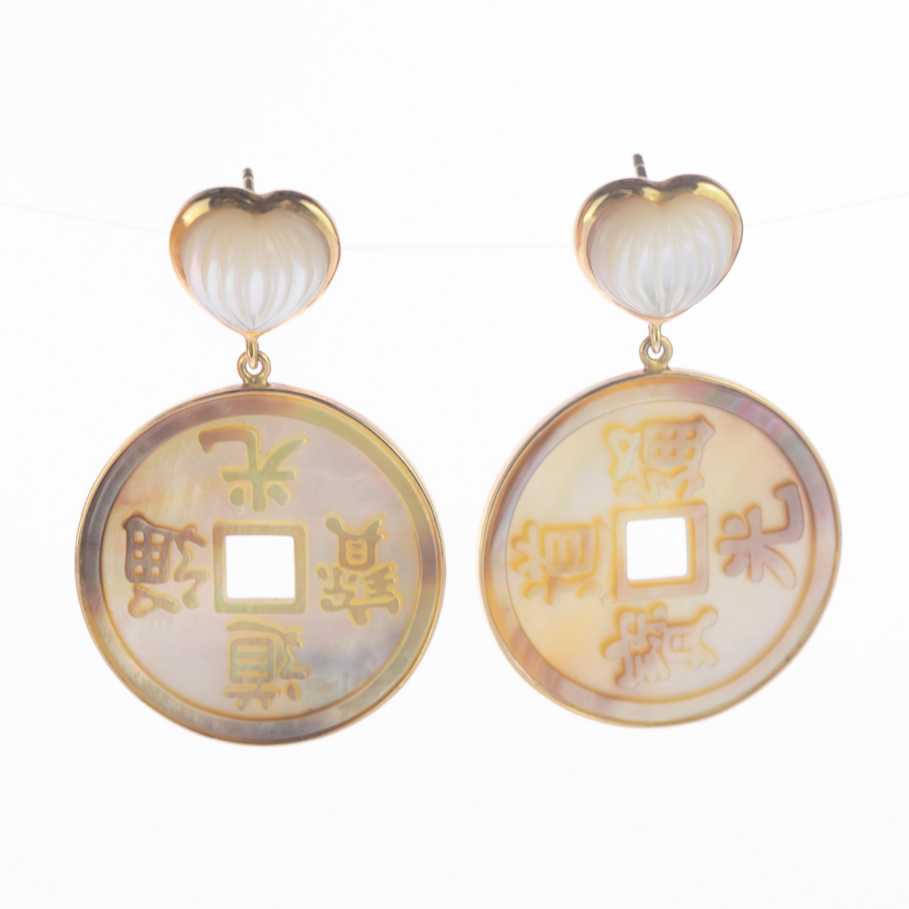 Women's or Men's Intini Jewels 18 Karat Gold Mother of Pearl Heart Coins Carved Drop Earrings For Sale