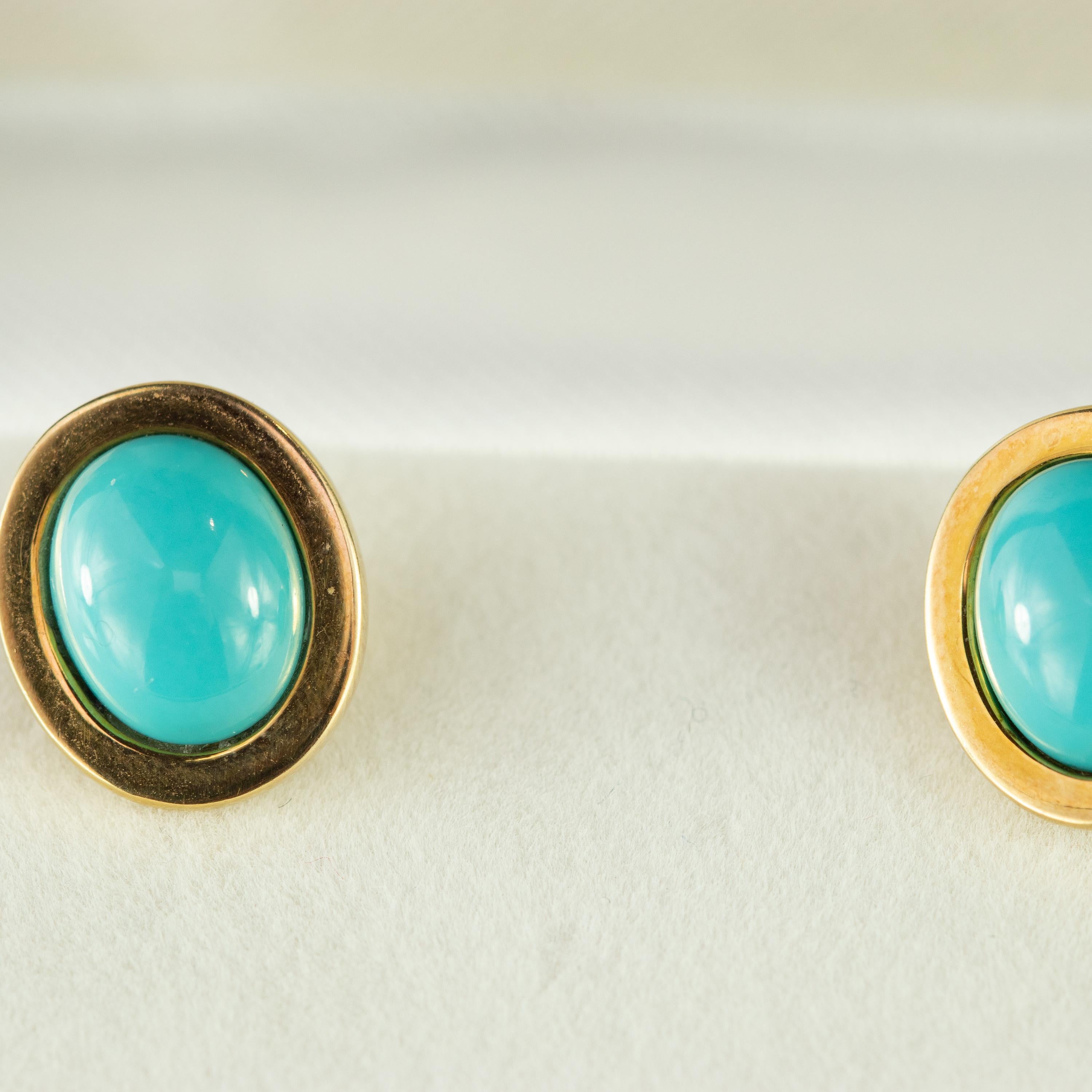 Orecchini da cocktail in oro 18 carati con perno ovale in turchese naturale 1