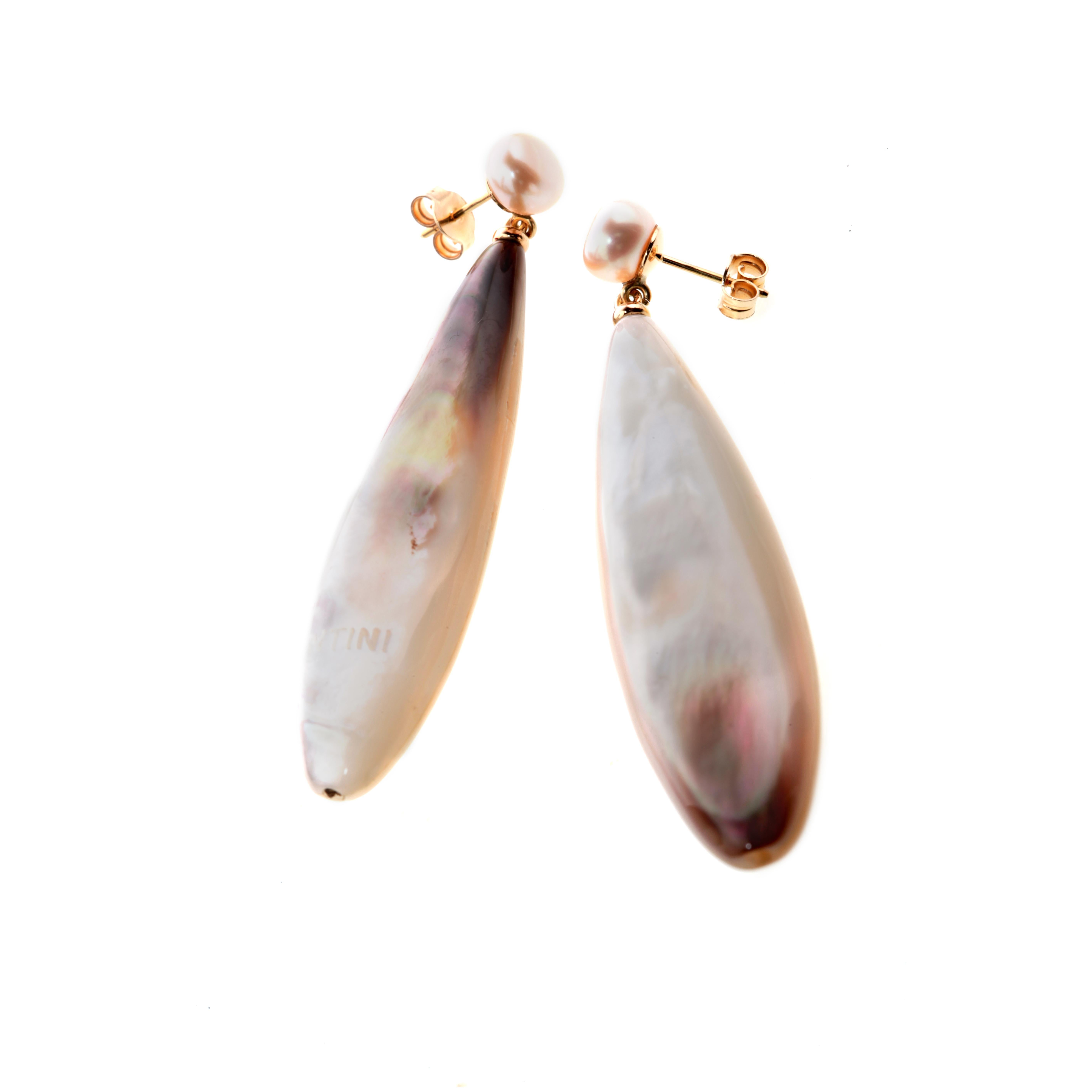 Intini Jewels 18 Karat Gold Pearl Mother of Pearl Drop Handmade Chic Earrings For Sale 2