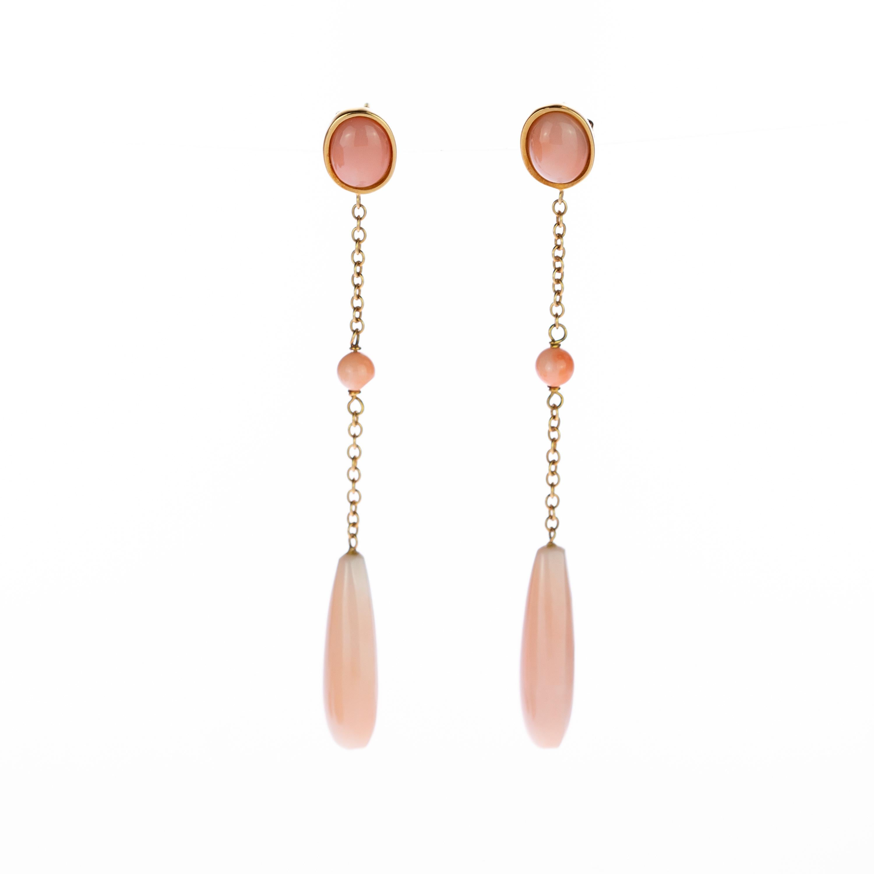 Taglio misto Intini Jewels 18 Karat Gold Pink Coral Briolette Dangle Drop Stud Long Earrings