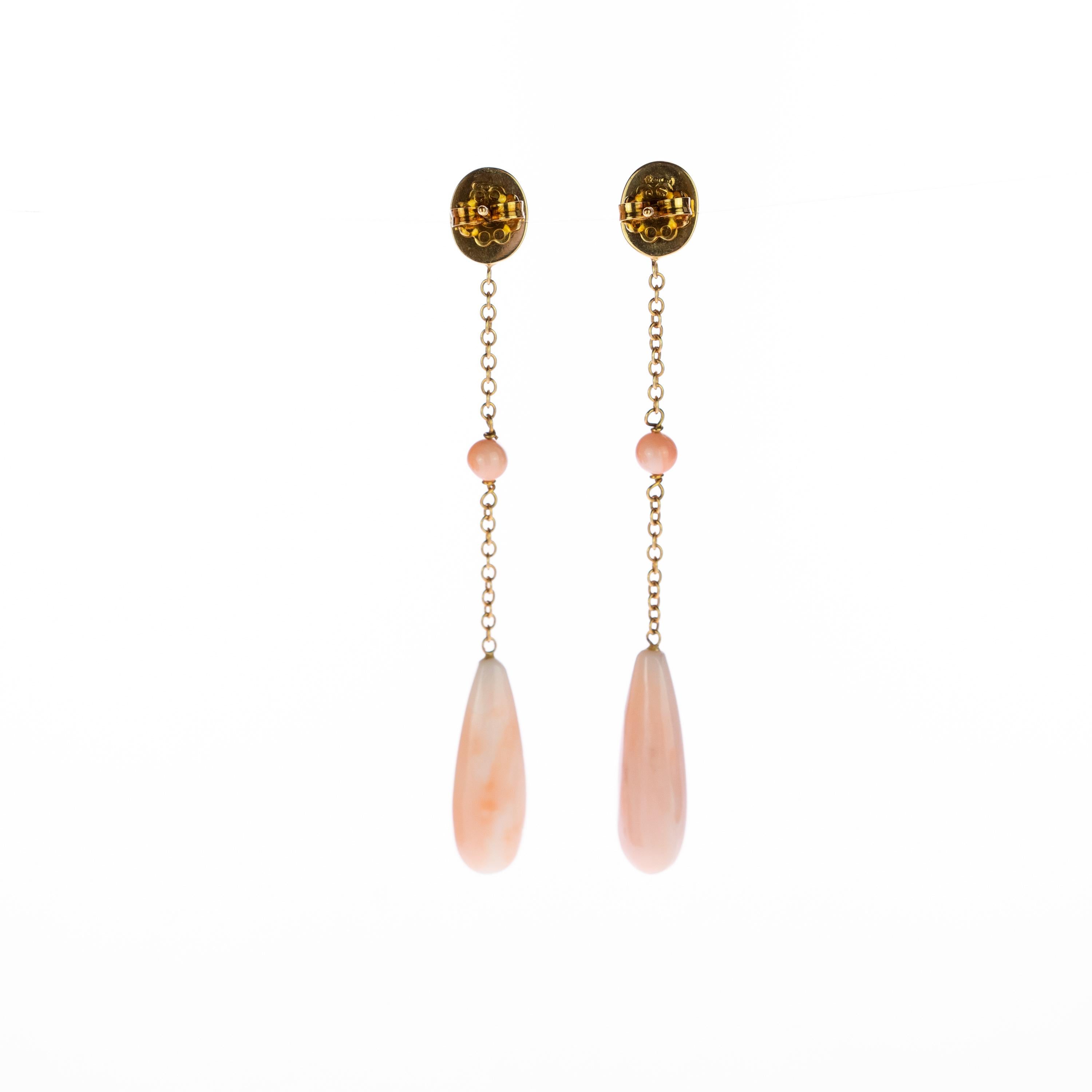 Intini Jewels 18 Karat Gold Pink Coral Briolette Dangle Drop Stud Long Earrings In New Condition In Milano, IT