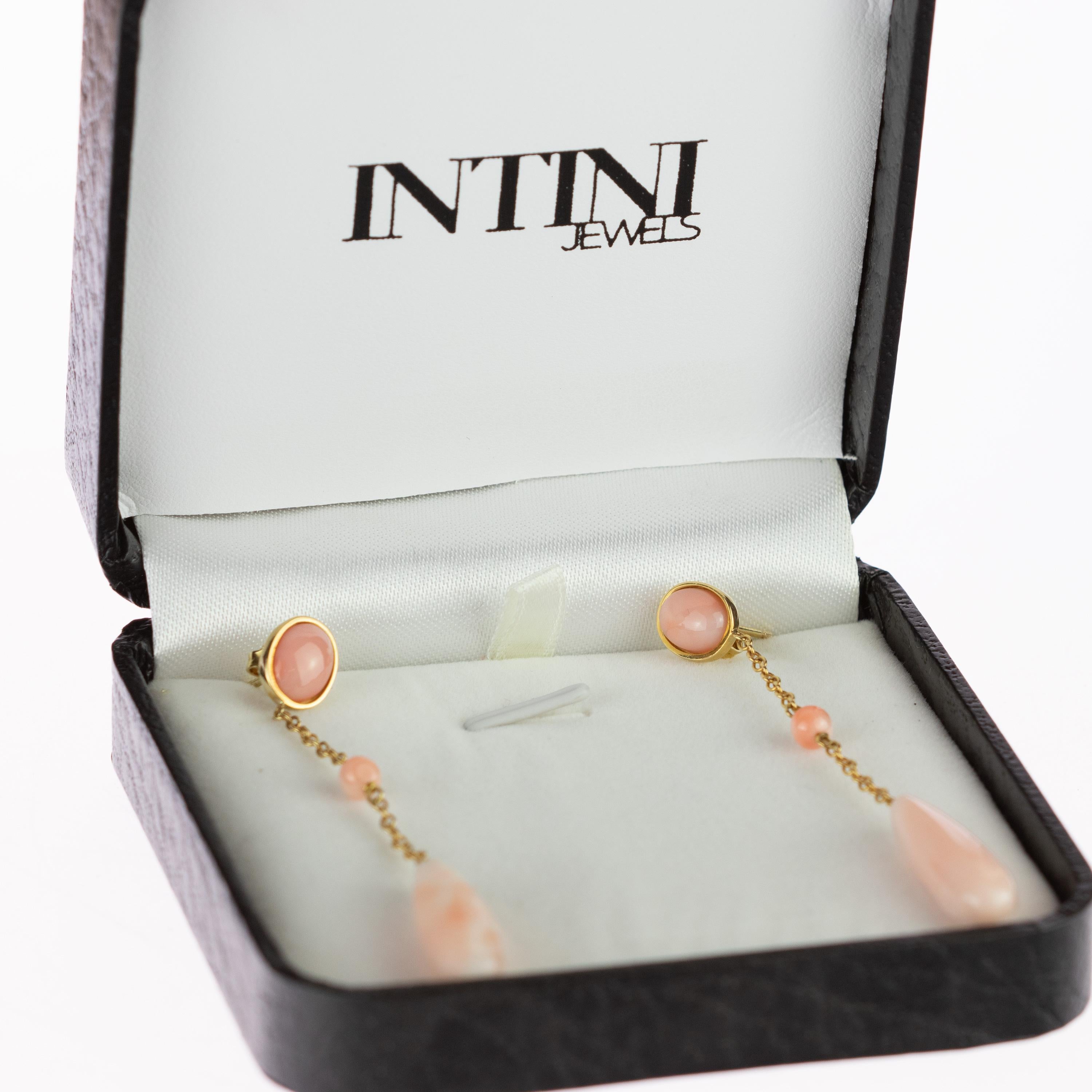 Intini Jewels 18 Karat Gold Pink Coral Briolette Dangle Drop Stud Long Earrings For Sale 1