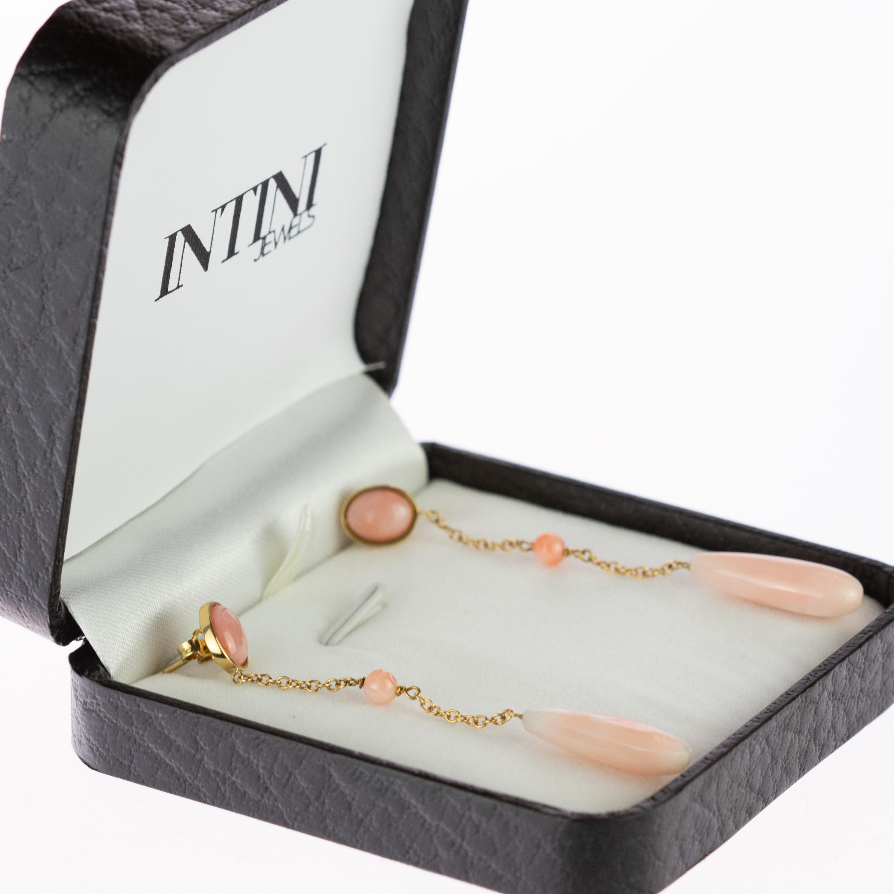 Intini Jewels 18 Karat Gold Pink Coral Briolette Dangle Drop Stud Long Earrings For Sale 2