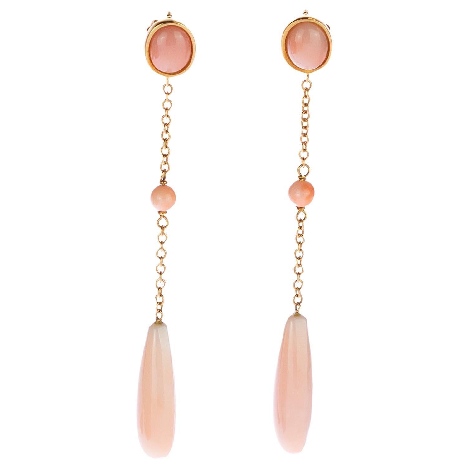 Intini Jewels 18 Karat Gold Pink Coral Briolette Dangle Drop Stud Long Earrings For Sale