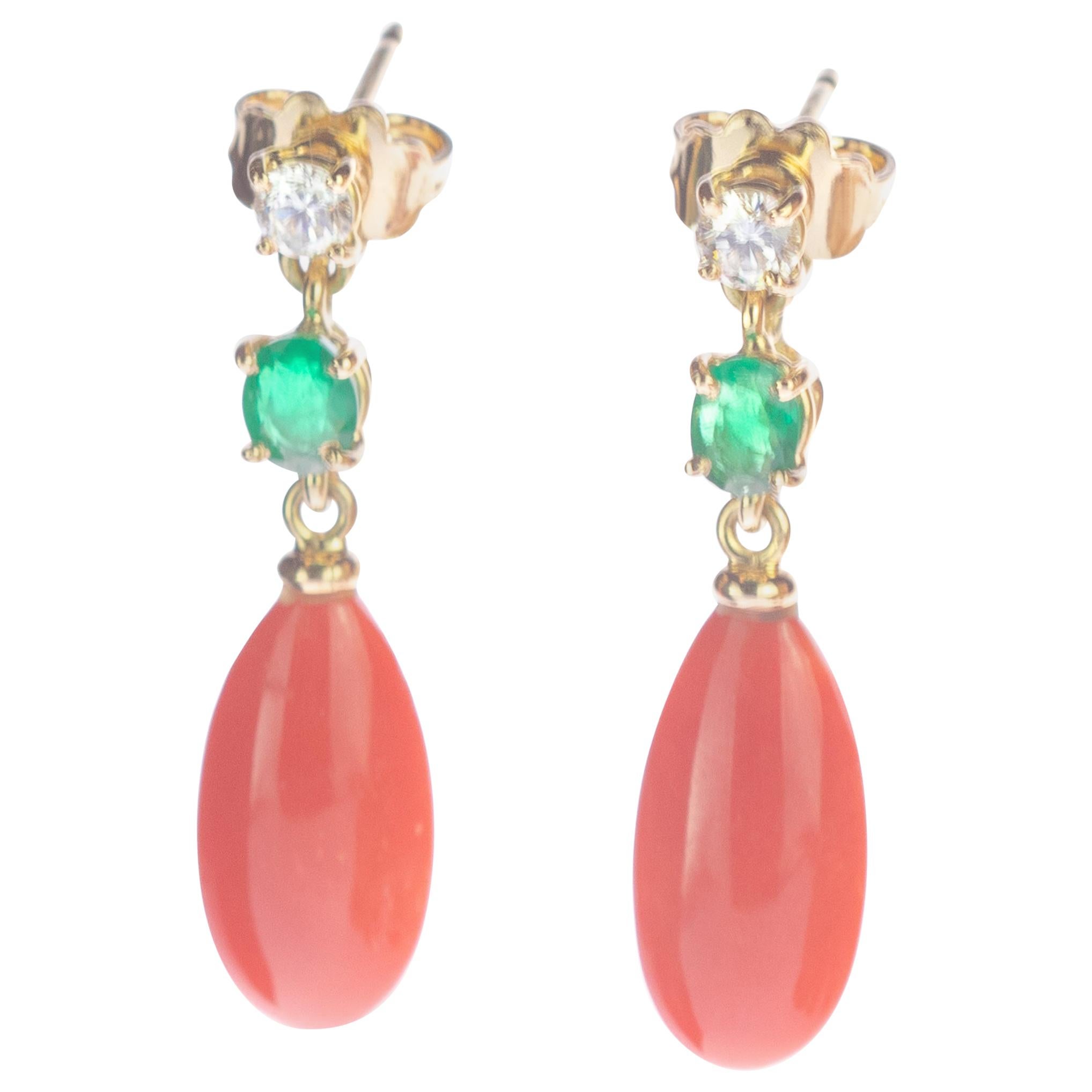 Intini Jewels 18 Karat Gold Pink Coral Diamonds Emeralds Dangle Tear Earrings For Sale