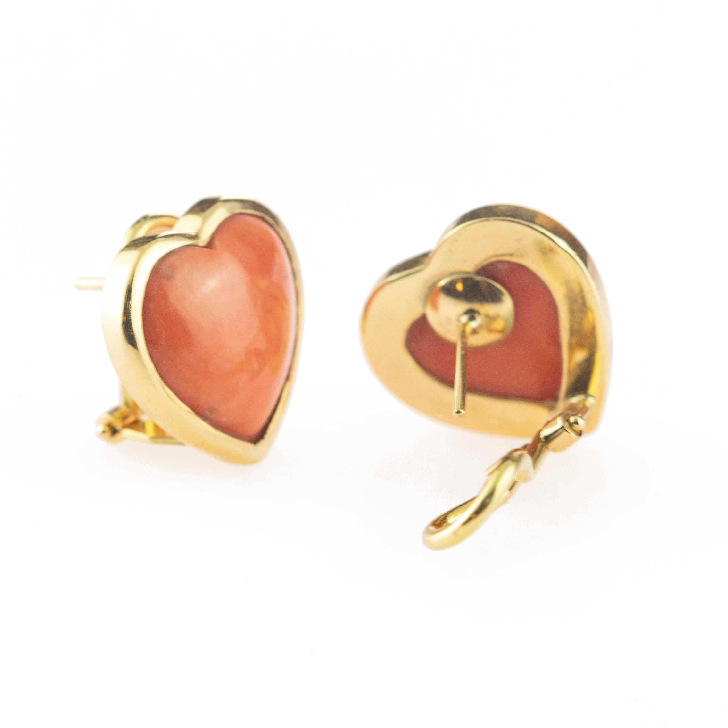 Heart Cut Intini Jewels 18 Karat Gold Salmon Coral Heart Stud Love Valentine Earrings