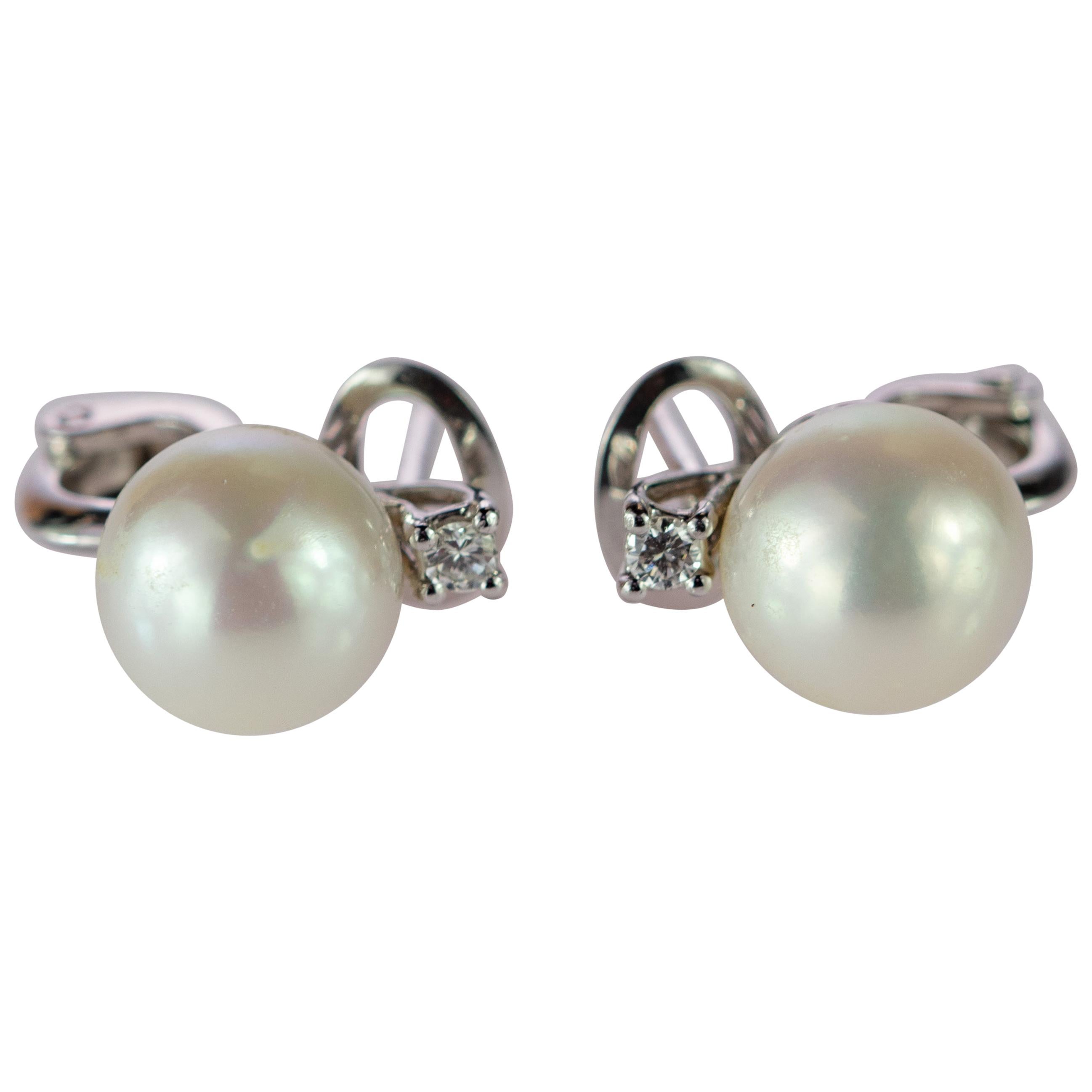 Intini Jewels 18 Karat White Gold Diamond South Sea Pearl Vintage Chic Earrings For Sale