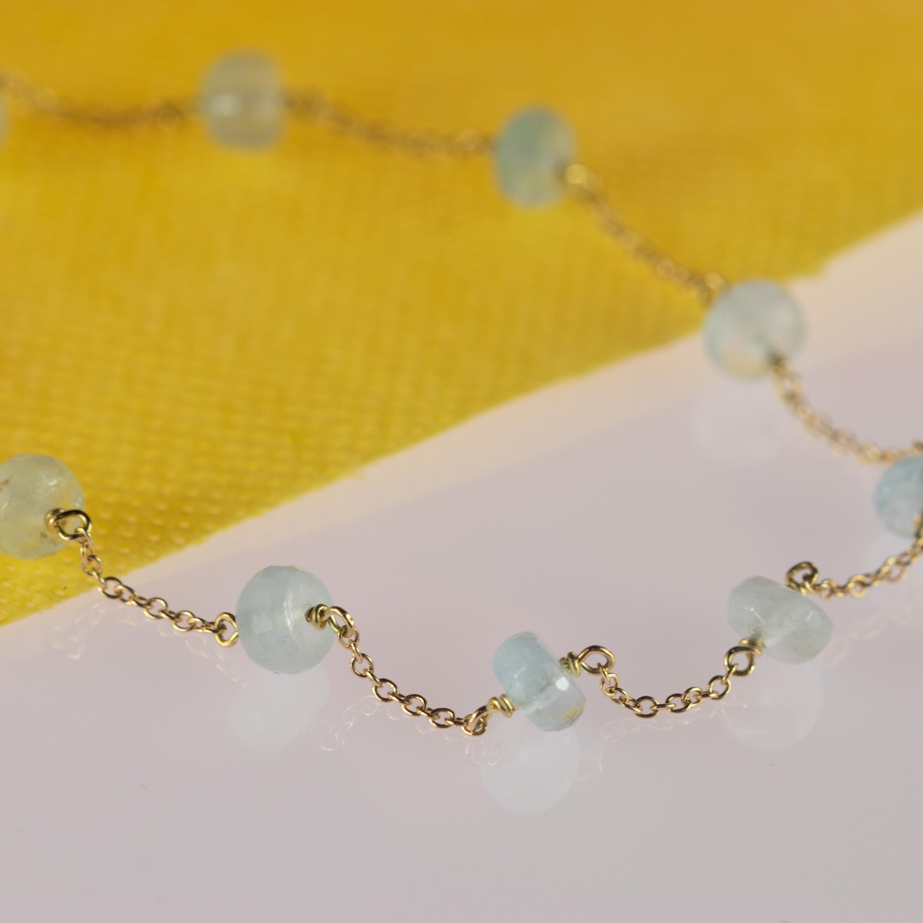 Art Nouveau Intini Jewels 18 Karat Yellow Gold Chain Aquamarine Rondelles Handmade Bracelet For Sale