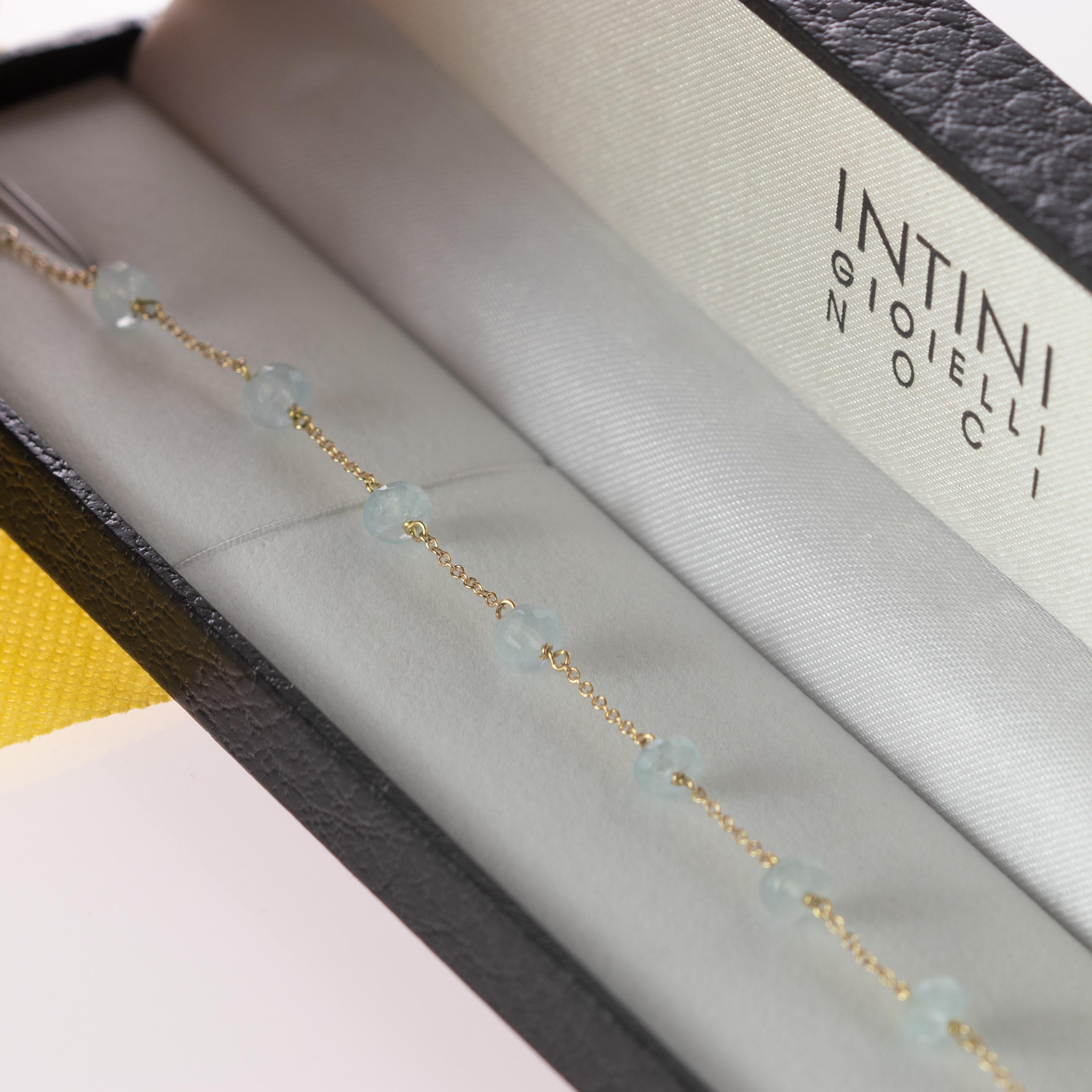 Mixed Cut Intini Jewels 18 Karat Yellow Gold Chain Aquamarine Rondelles Handmade Bracelet For Sale