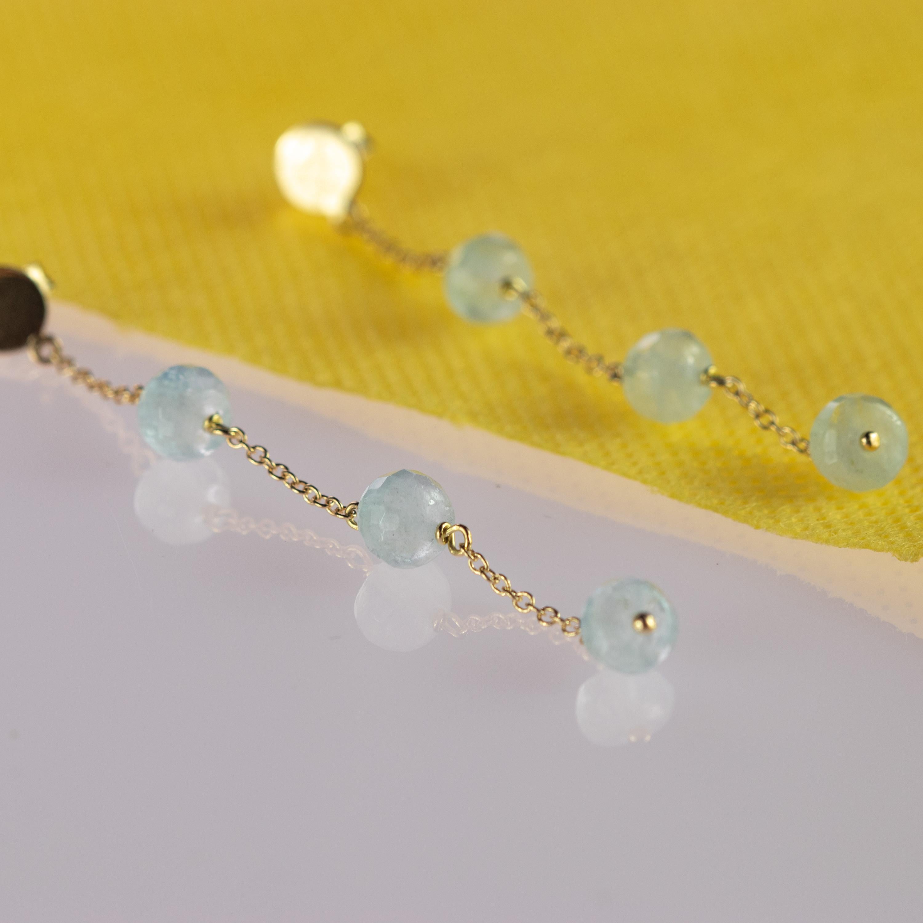 Art Nouveau Intini Jewels 18 Karat Yellow Gold Chain Aquamarine Rondelles Handmade Earrings For Sale