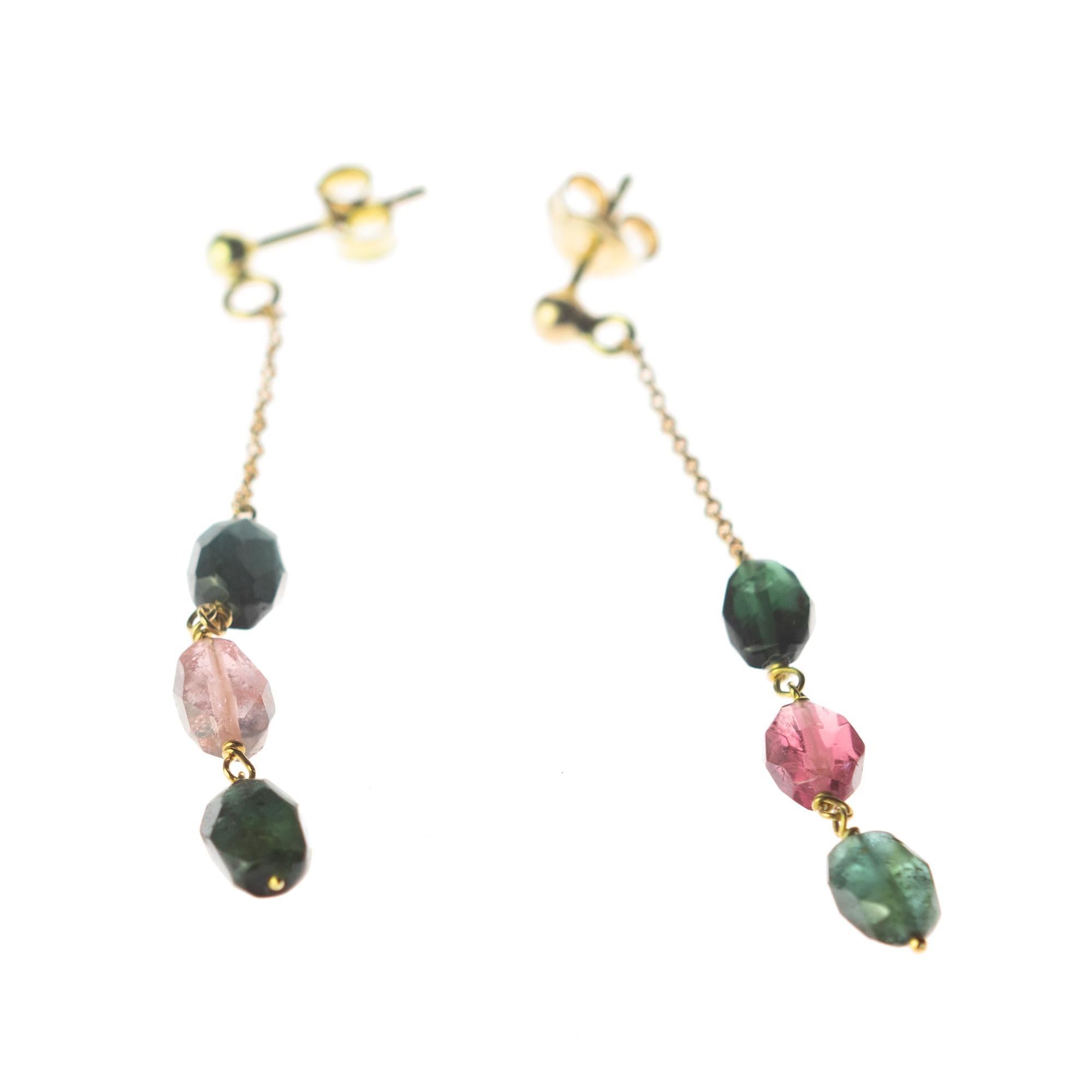 Intini Jewels signature quality on a modern and contemporary design jewel. Stunning earrings with three tourmaline oval cut. Three different colors that melt in each other and show beautiful gradient colors. Embellished with a 18 karat yellow gold