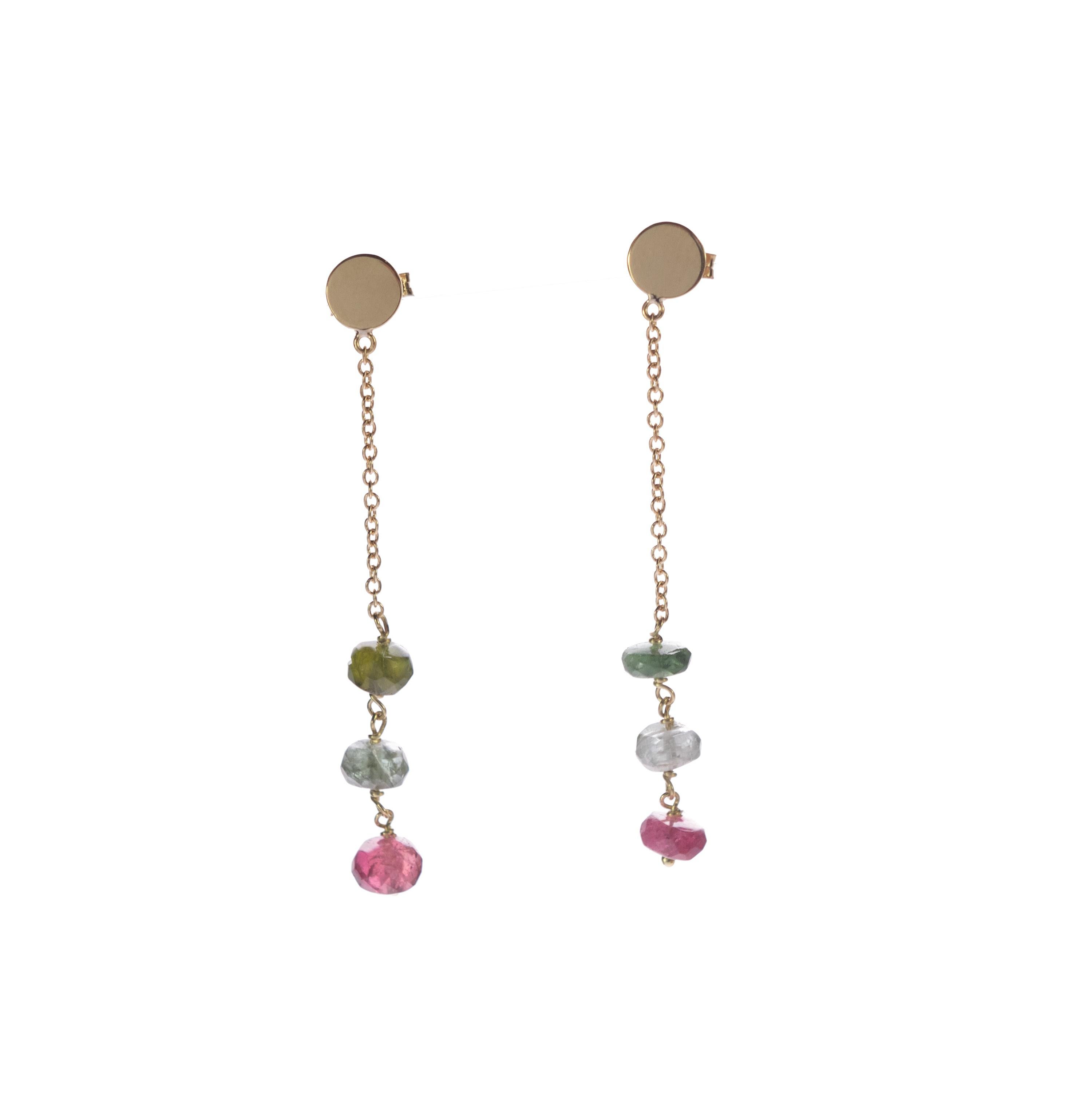 Intini Jewels signature quality on a modern and contemporary design jewel. Stunning earrings with three tourmaline rondelles. Three different colors that melt in each other showing beautiful gradient colors. Embellished with a 18 karat yellow gold