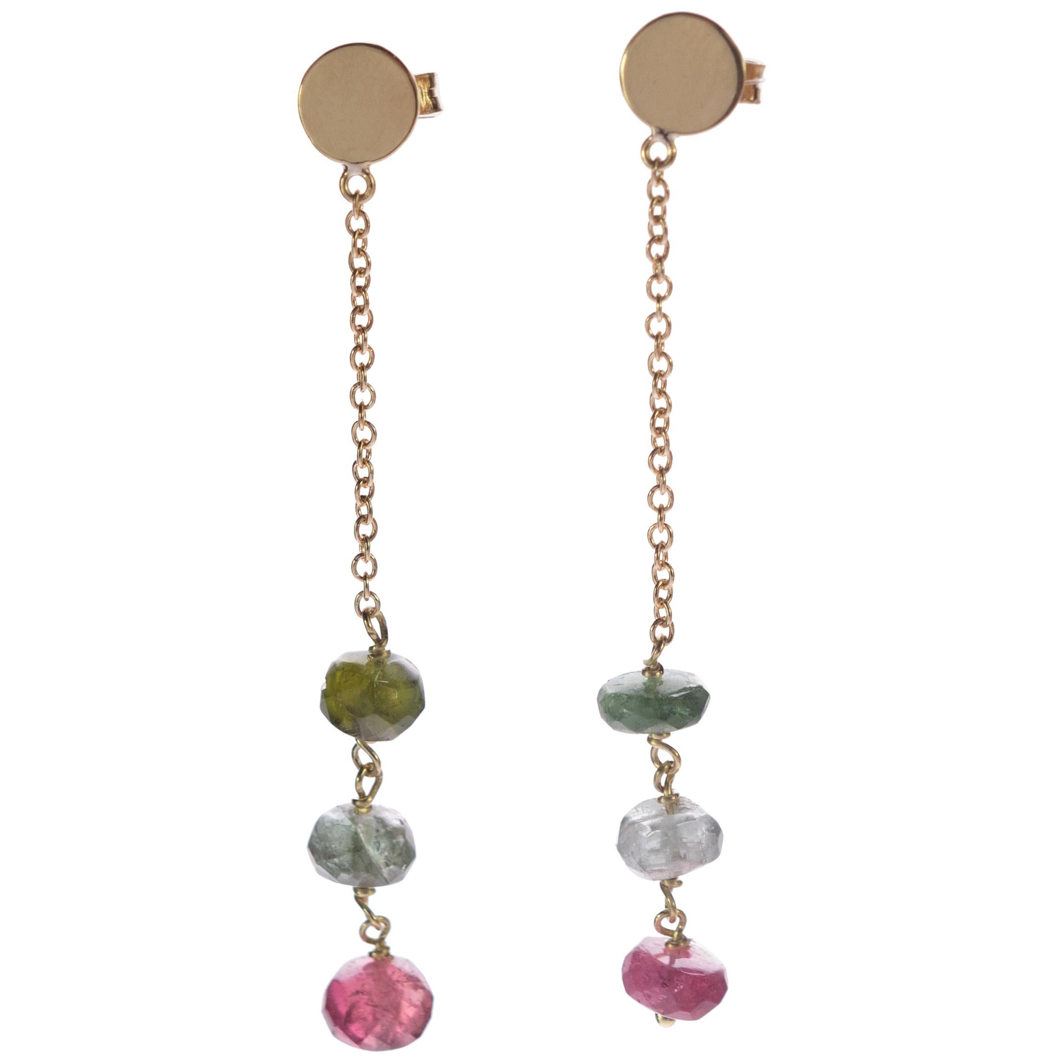 Intini Jewels 18 Karat Yellow Gold Chain Tourmaline Rondelles Drop Chic Earrings For Sale