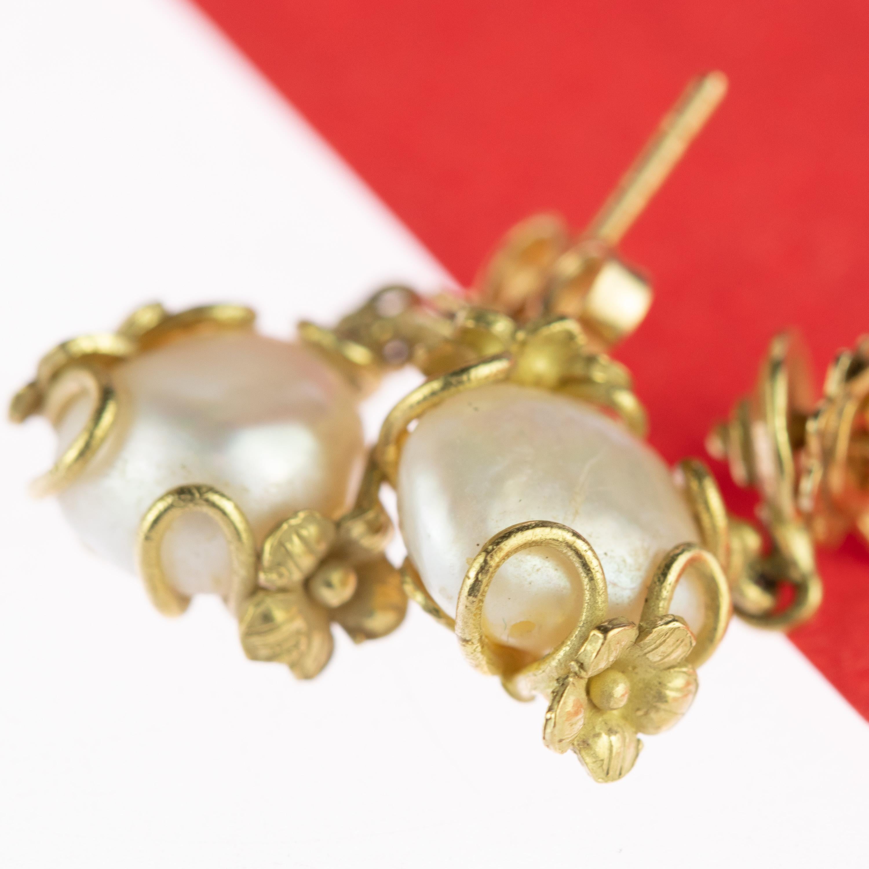 Revival Intini Jewels 18 Karat Yellow Gold Flowers Freshwater Pearl Cocktail Earrings For Sale