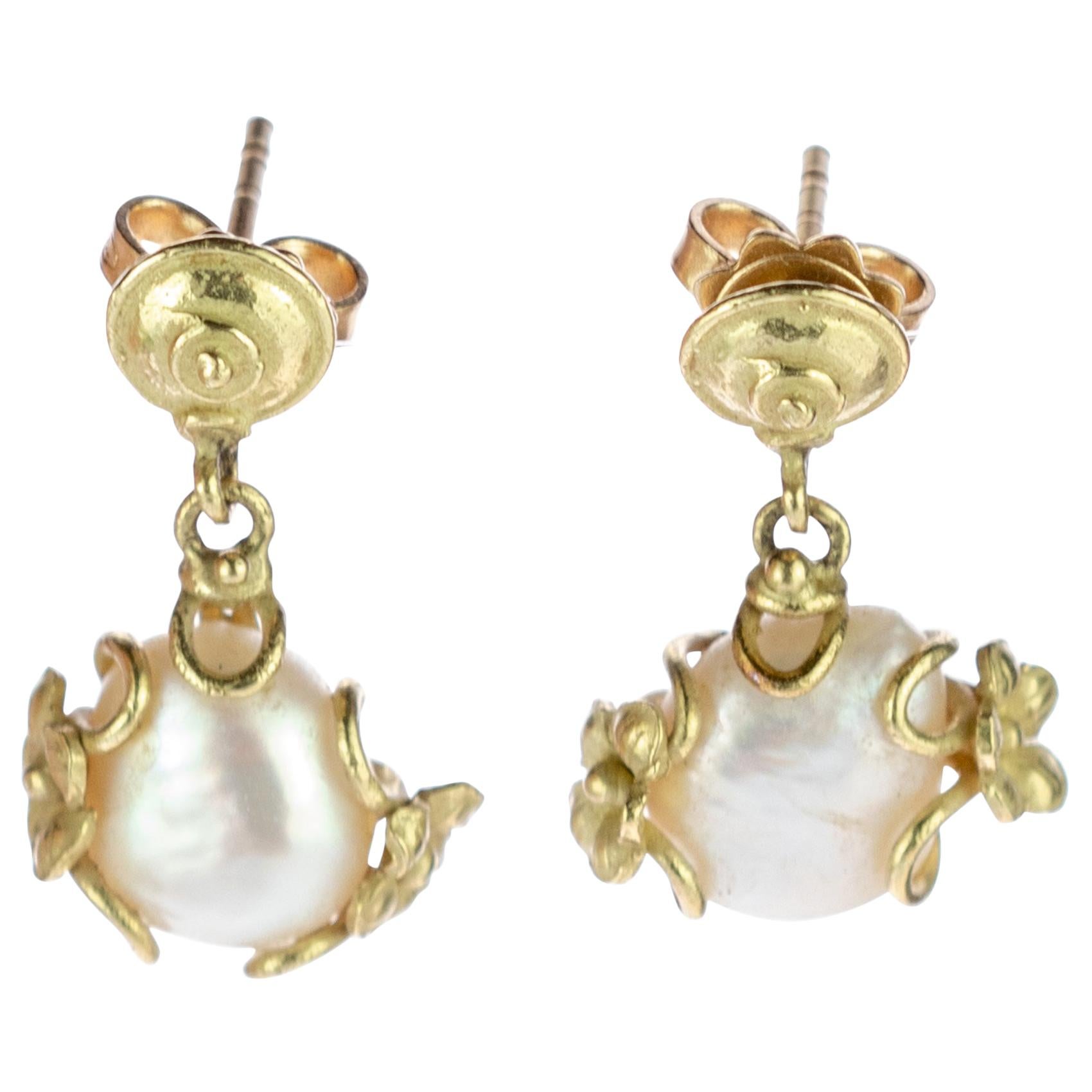 Intini Jewels 18 Karat Yellow Gold Flowers Freshwater Pearl Cocktail Earrings For Sale