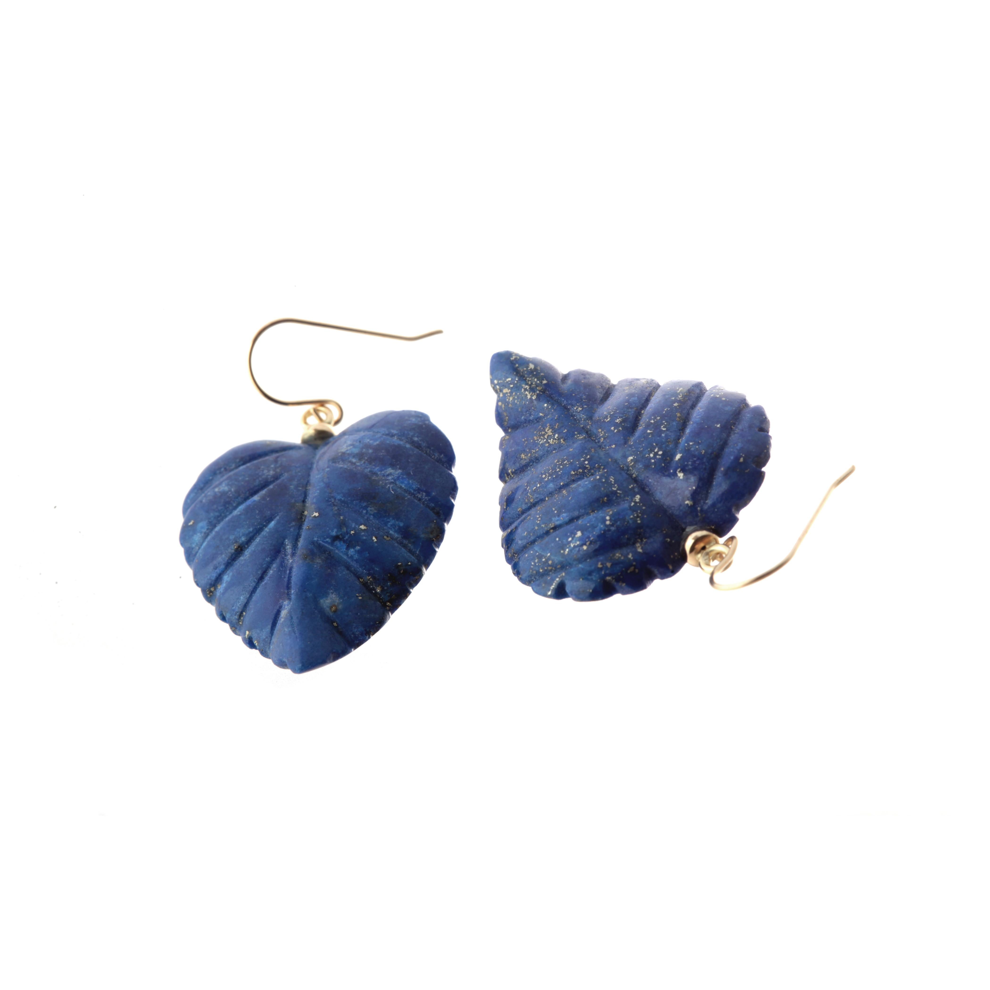 Arts and Crafts Intini Jewels 18 Karat Yellow Gold Lapis Lazuli Leaf Leaves Drop Modern Earrings For Sale
