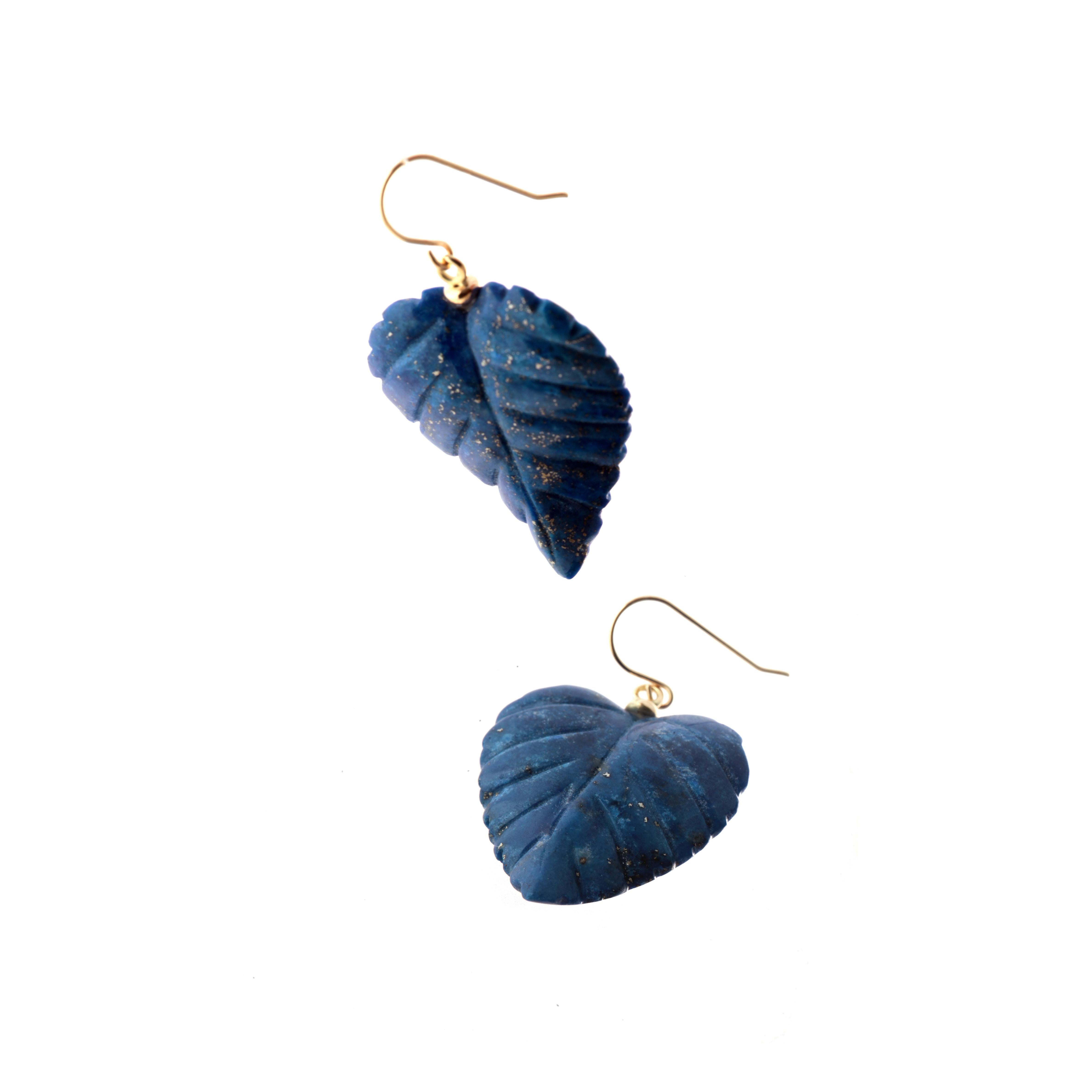 Mixed Cut Intini Jewels 18 Karat Yellow Gold Lapis Lazuli Leaf Leaves Drop Modern Earrings For Sale