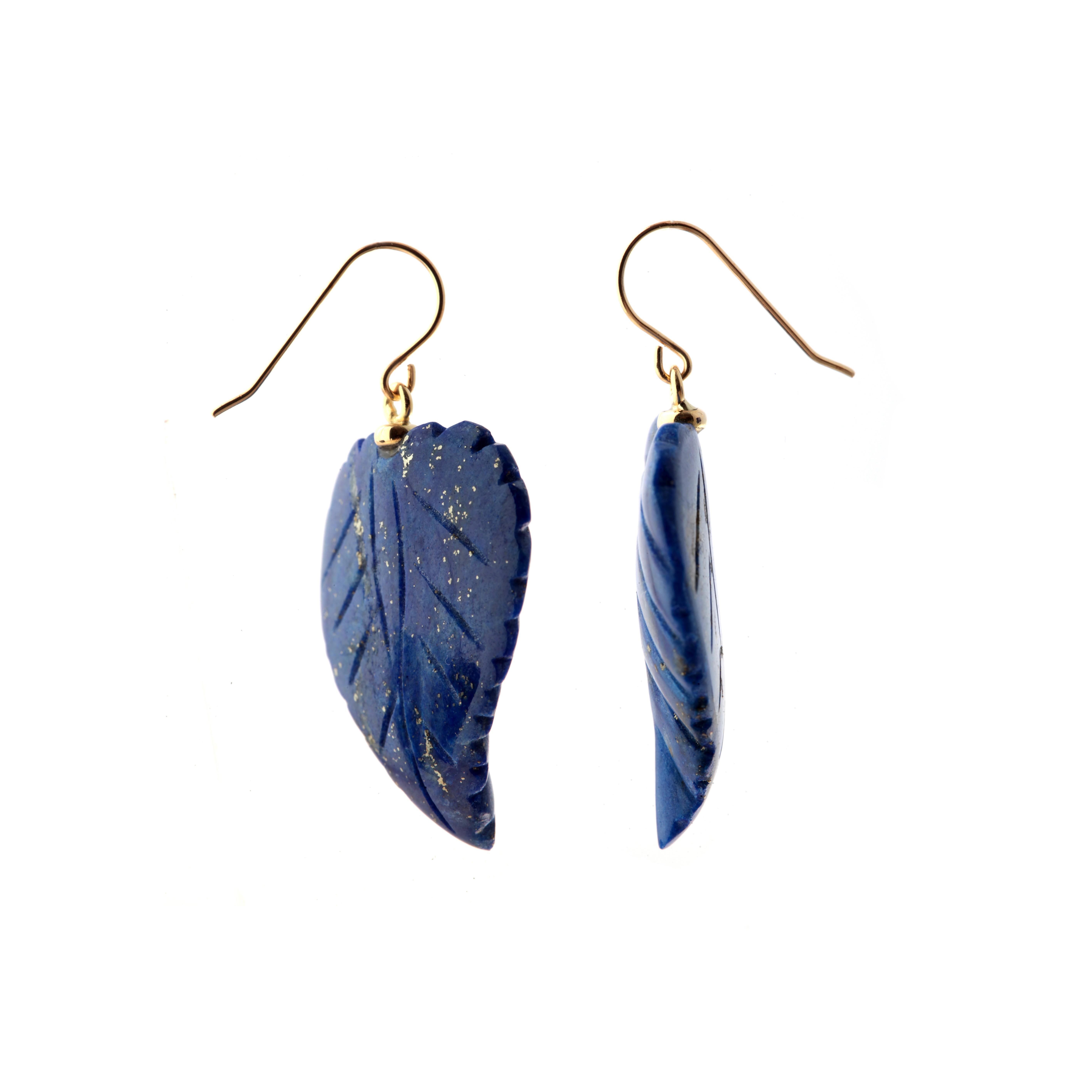 Intini Jewels 18 Karat Yellow Gold Lapis Lazuli Leaf Leaves Drop Modern Earrings For Sale 1
