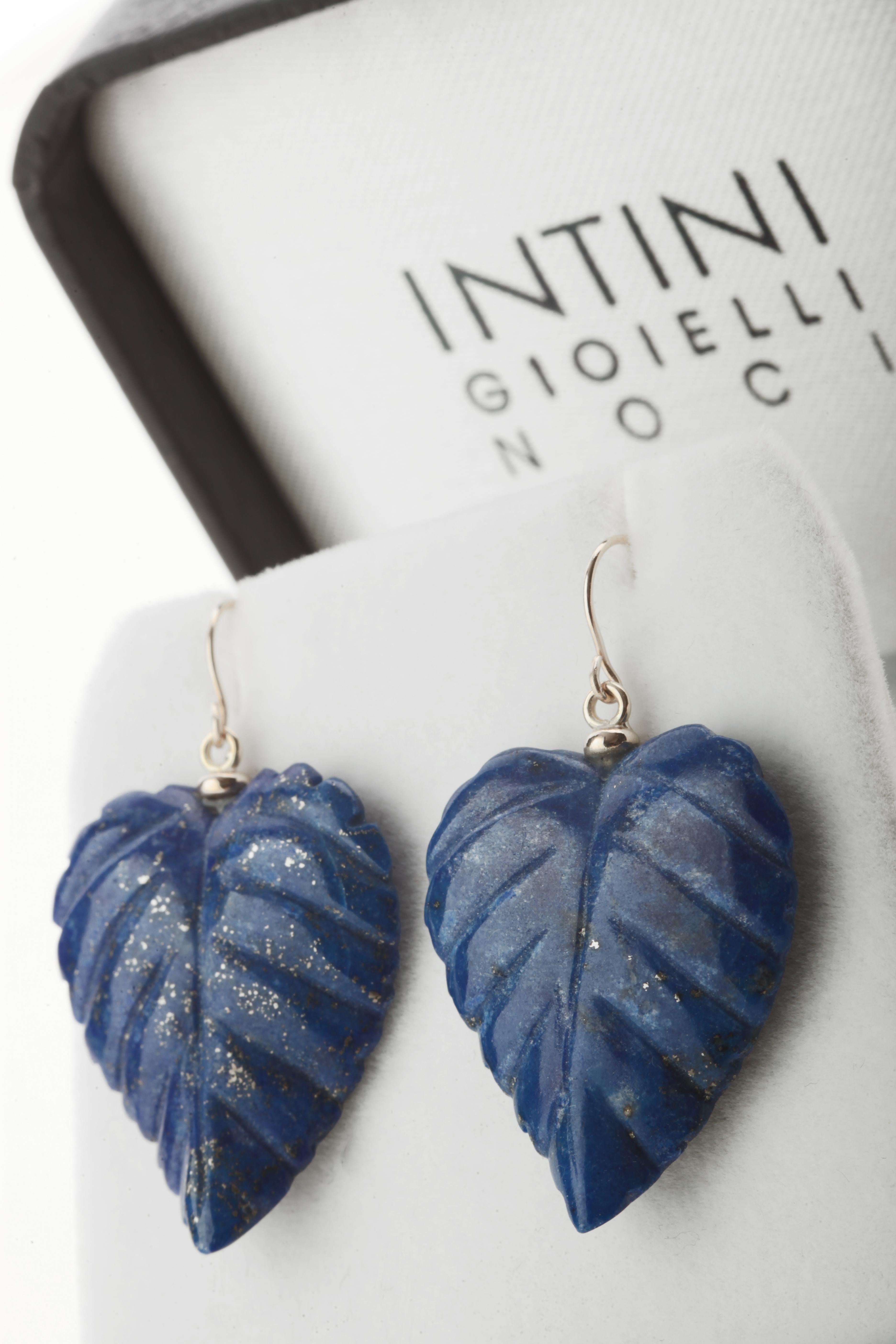 Intini Jewels 18 Karat Yellow Gold Lapis Lazuli Leaf Leaves Drop Modern Earrings For Sale 2