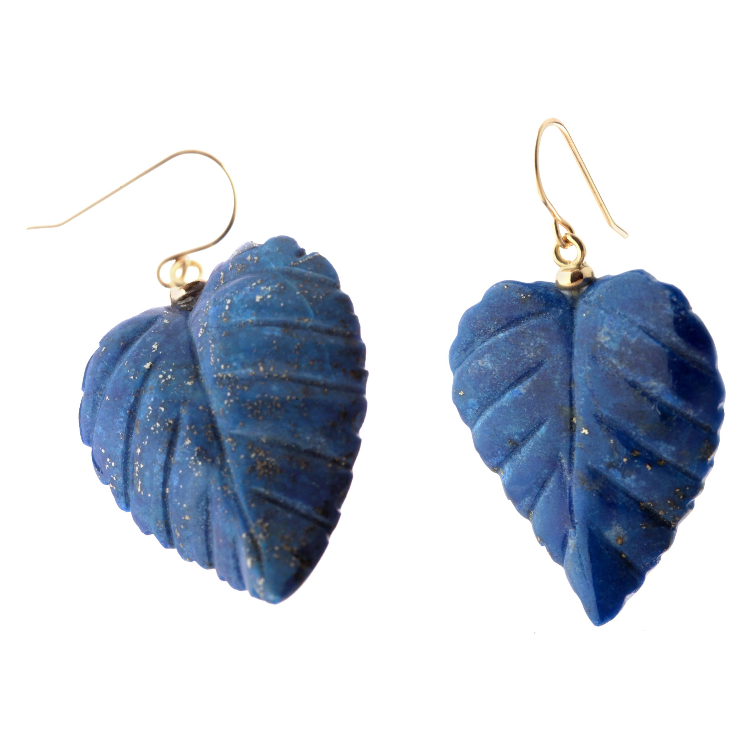 Intini Jewels 18 Karat Yellow Gold Lapis Lazuli Leaf Leaves Drop Modern Earrings For Sale