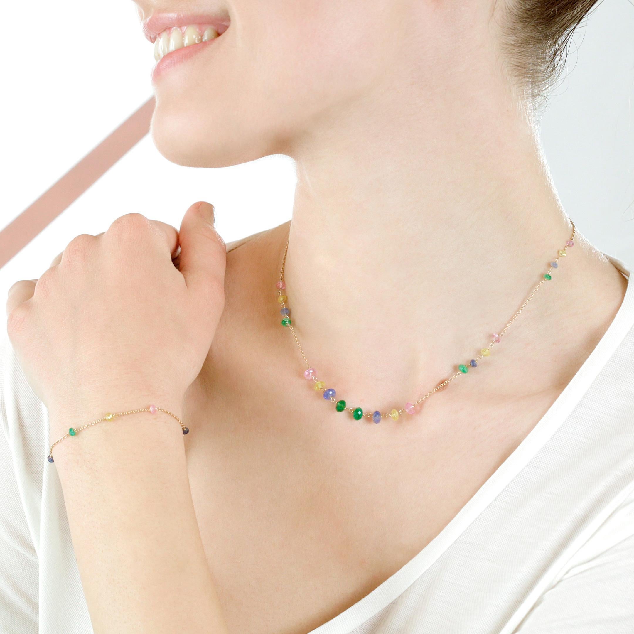 Intini Jewels Bracelet chaîne en or jaune 18 carats et saphirs multicolores, fait à la main Neuf - En vente à Milano, IT