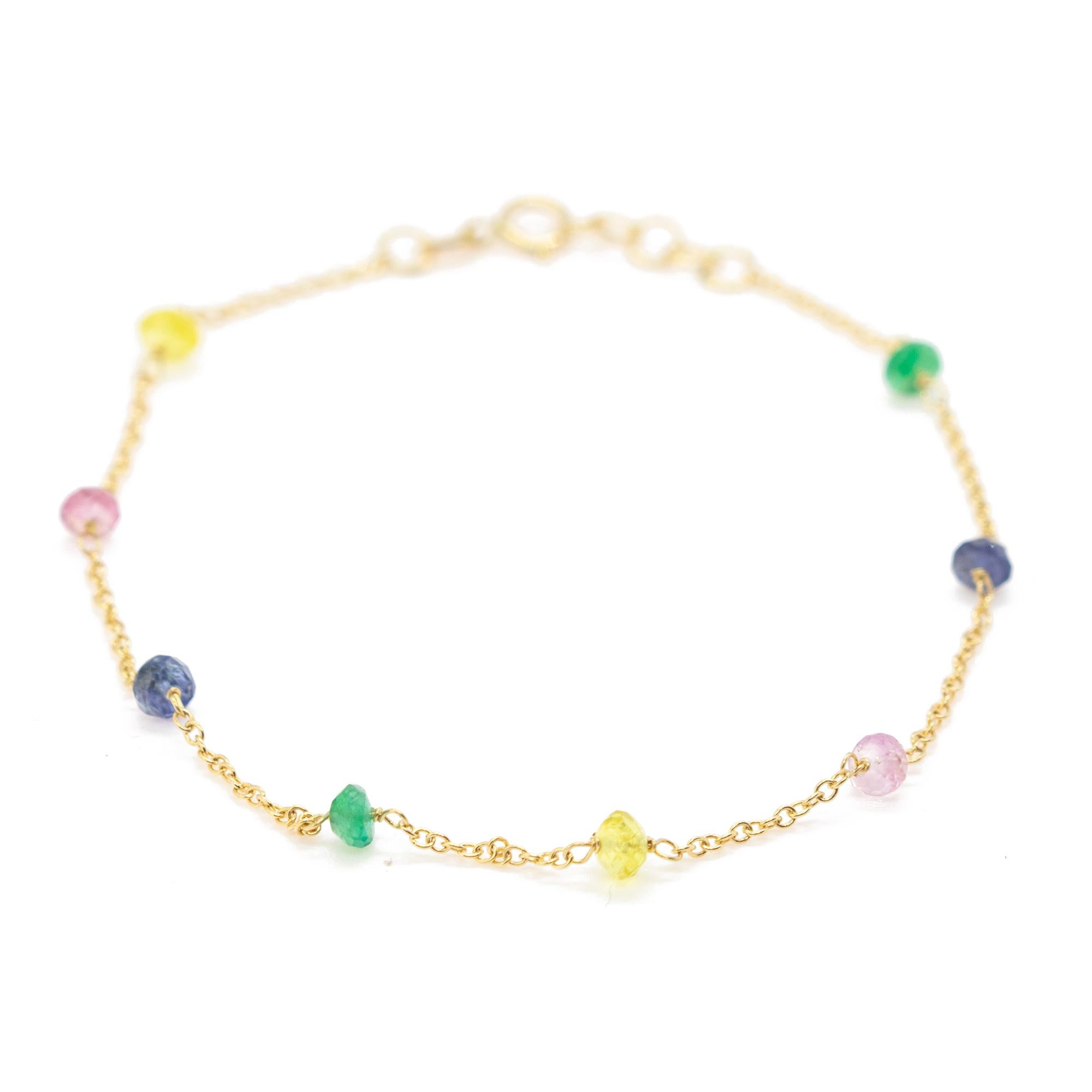 Intini Jewels Bracelet chaîne en or jaune 18 carats et saphirs multicolores, fait à la main Pour femmes en vente