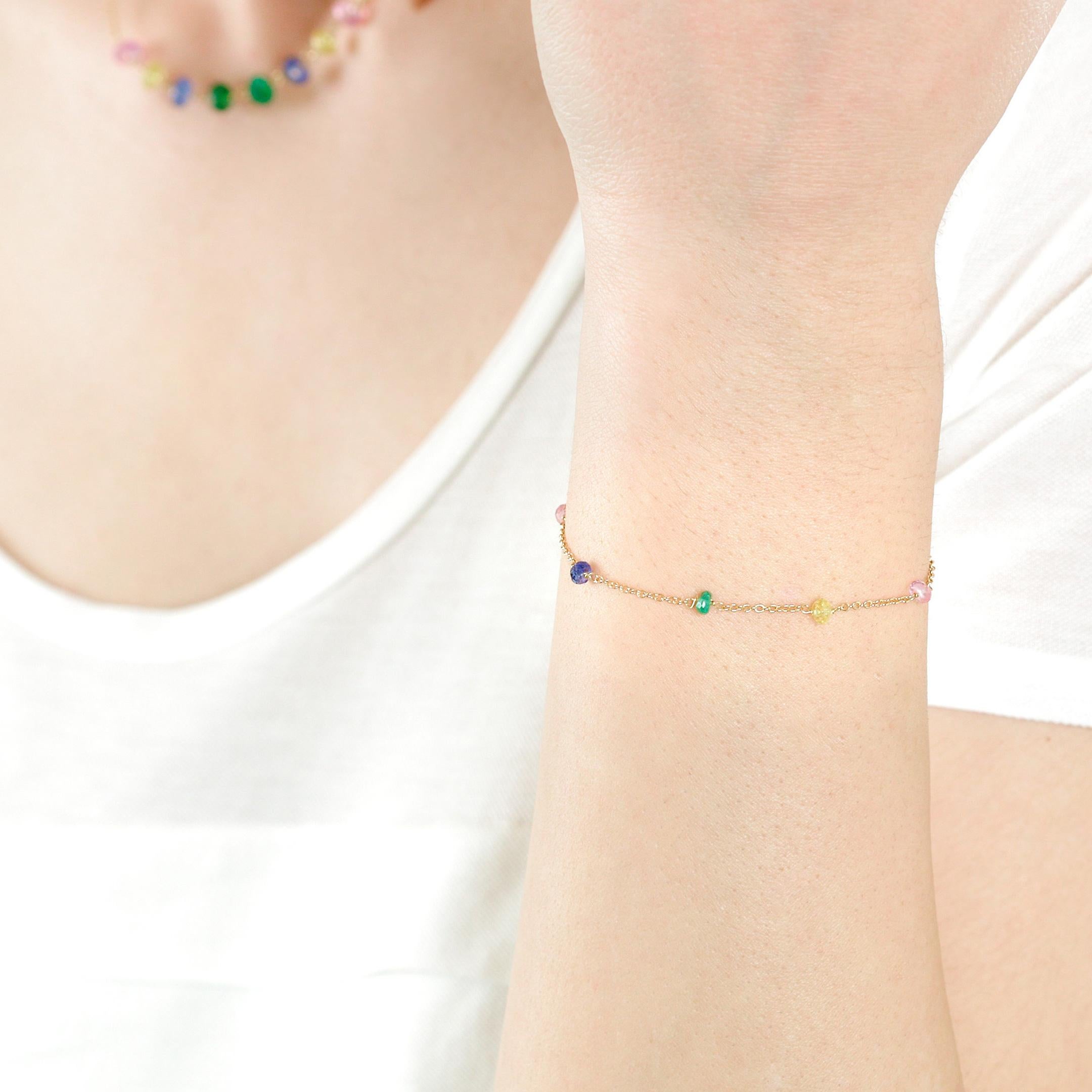 Intini Jewels Bracelet chaîne en or jaune 18 carats et saphirs multicolores, fait à la main en vente 14