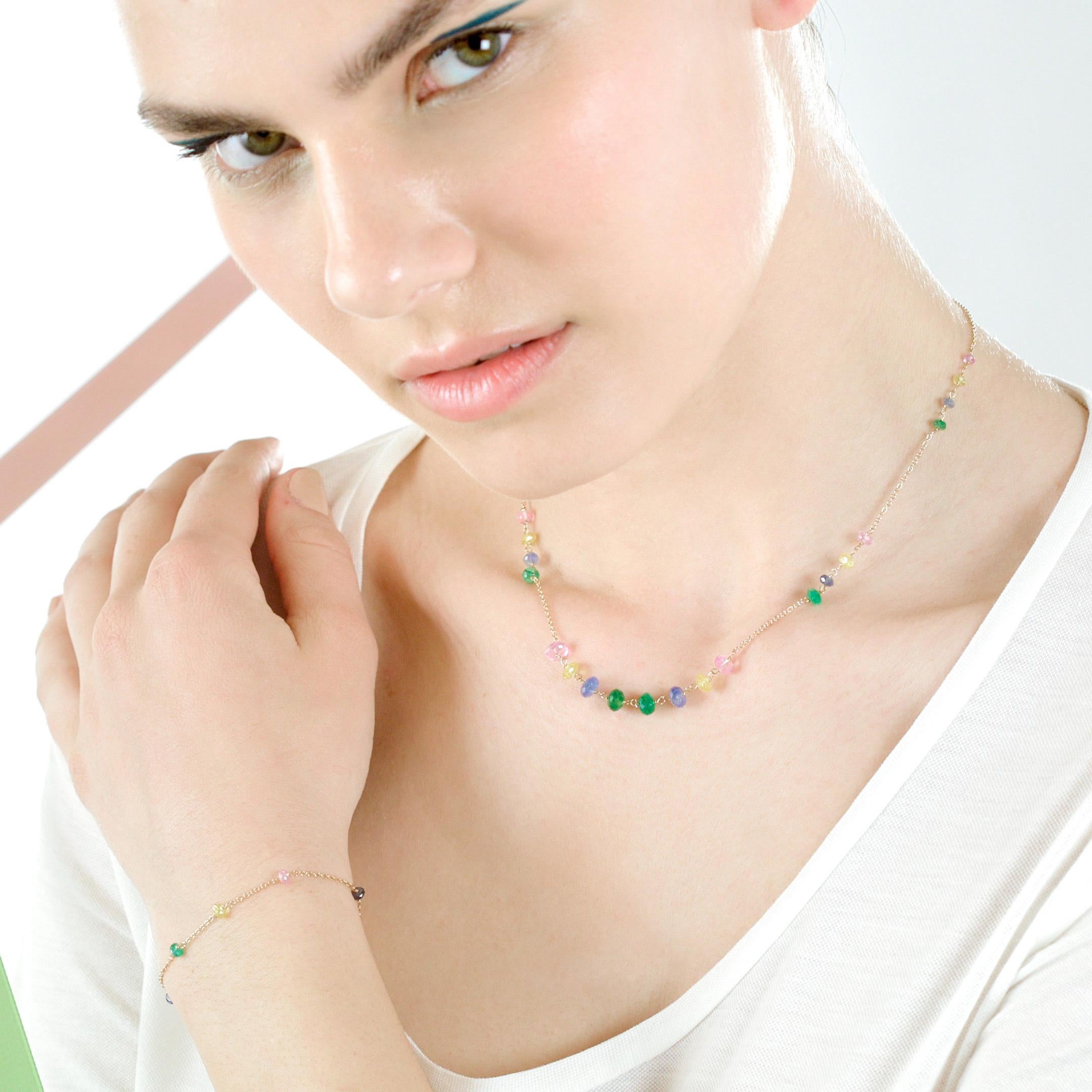 Intini Jewels - Collana a catena in oro giallo 18 carati con zaffiri multicolore fatta a mano in vendita 12