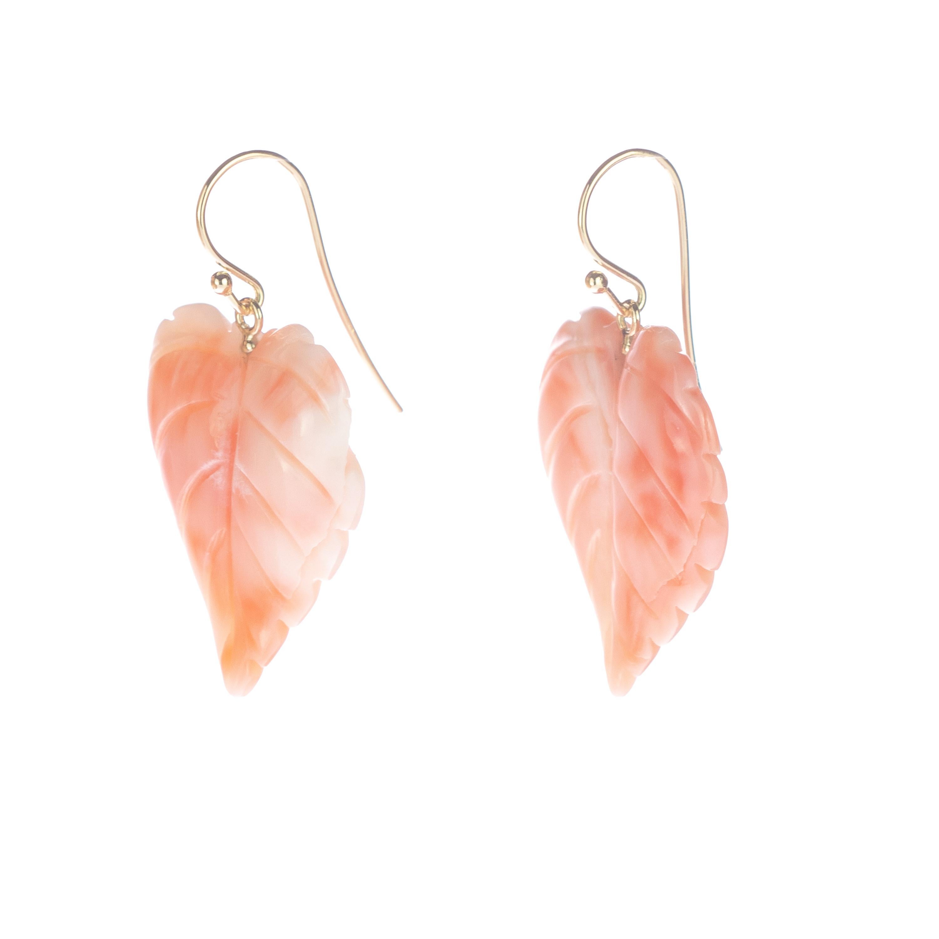 Arts and Crafts Intini Jewels 18 Karat Yellow Gold Pink Coral Leaf Leaves Dangle Drop Earrings For Sale
