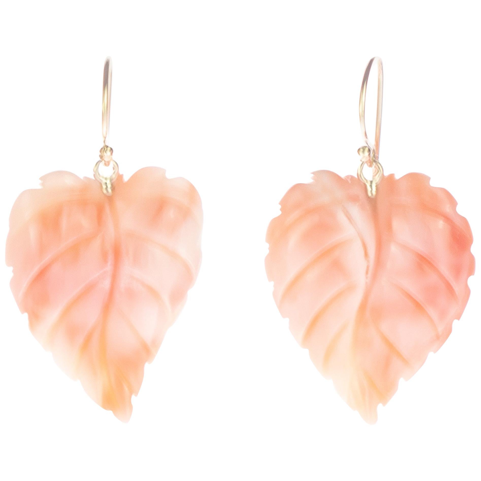 Intini Jewels 18 Karat Yellow Gold Pink Coral Leaf Leaves Dangle Drop Earrings For Sale