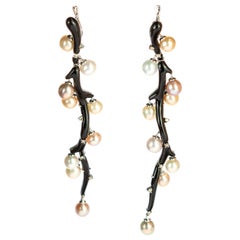 Intini Jewels 18 Pearl Onyx Diamonds 18 Karat Gold Branches Dangle Drop Earrings