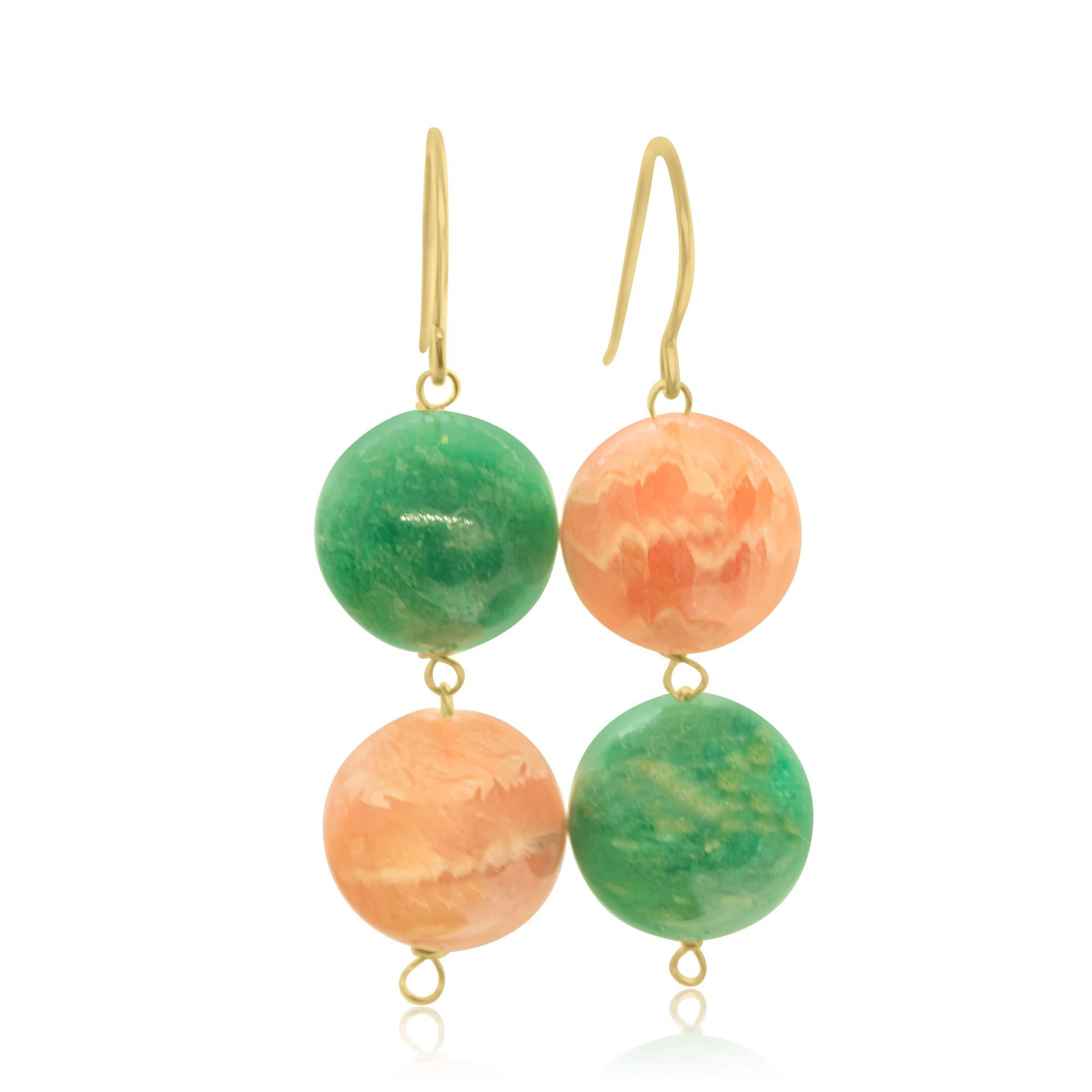 Art Nouveau Intini Jewels 18K Yellow Gold Natural Amazonite Rhodocrosite Chandelier Earrings For Sale