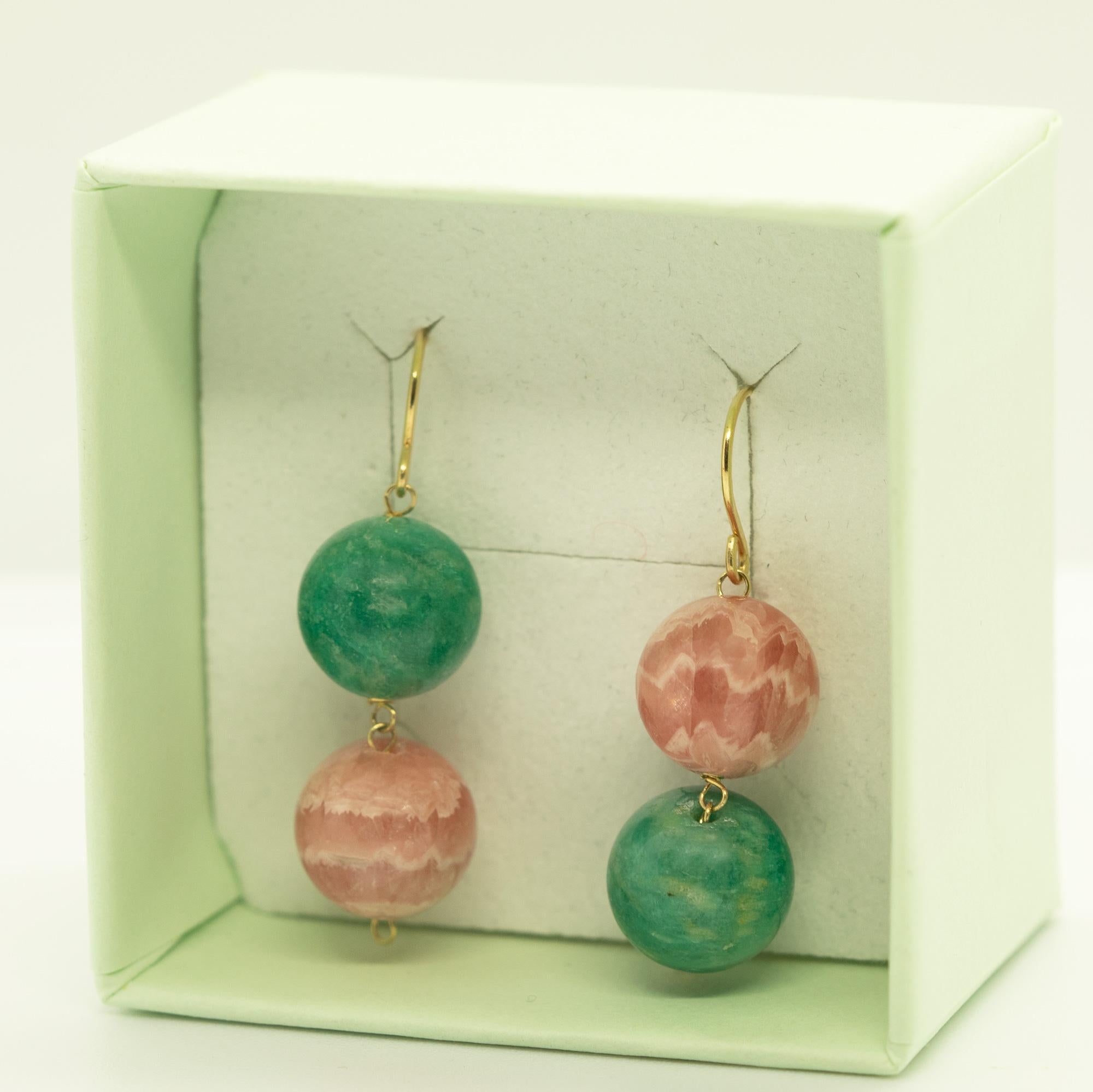 Intini Jewels 18K Yellow Gold Natural Amazonite Rhodocrosite Chandelier Earrings In New Condition For Sale In Milano, IT
