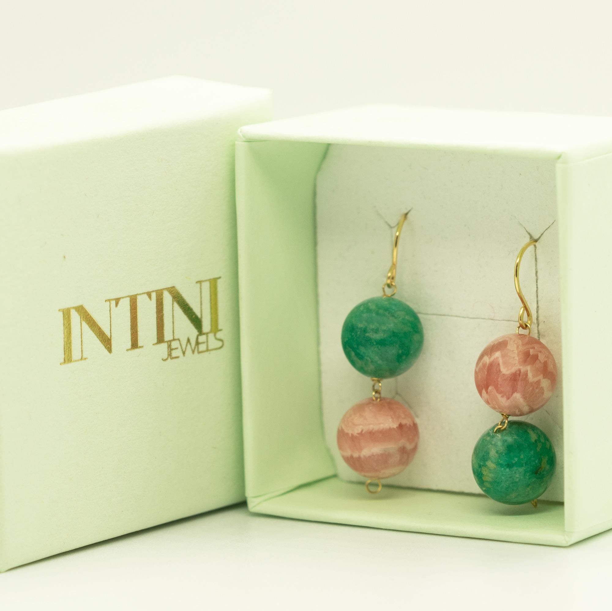 Intini Jewels Boucles d'oreilles lustre en or jaune 18 carats avec rhodocrosite d' amazonite naturelle Pour femmes en vente